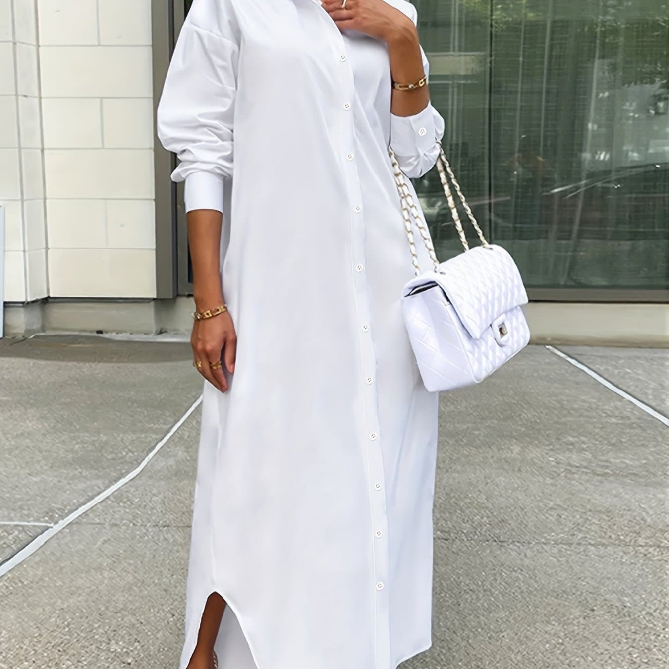 TEMU European And American Elegant Fashion Long Solid Color Lapel Shirt Dress