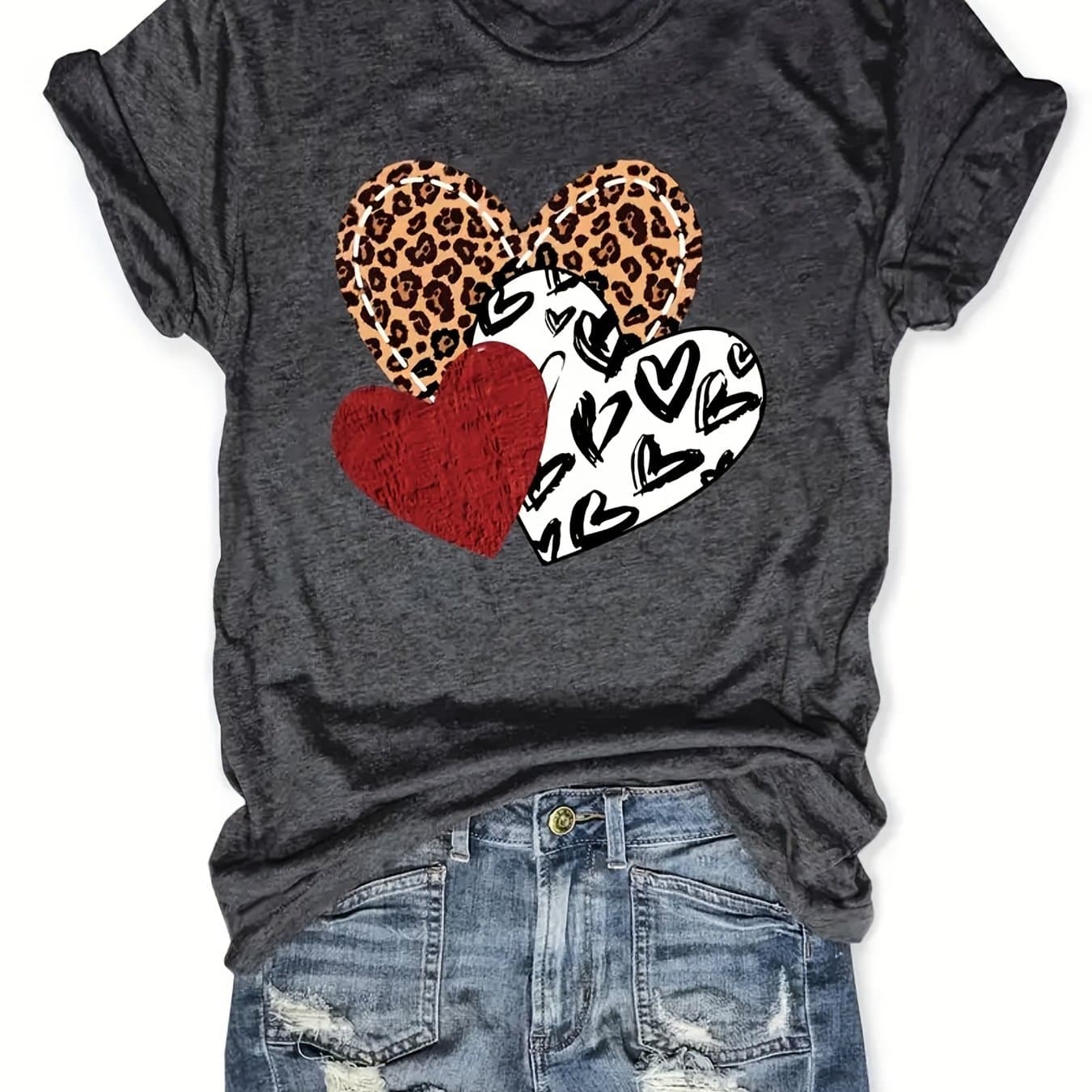 TEMU Leopard Heart Print Womens T-shirt - Fashionable Crew Neck, Lightweight Short Sleeves, Perfect For Style - A Trendy Casual Top For Your Wardrobe Gift: A T-shirt For Mom