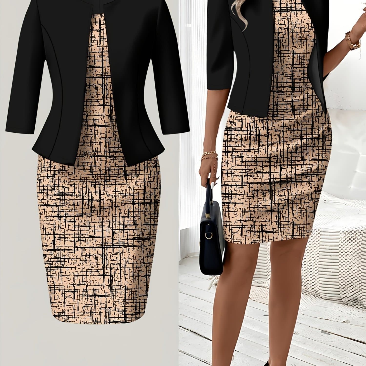 TEMU Printed Design Autumn And Winter Styles Geometric Print Dress Suit