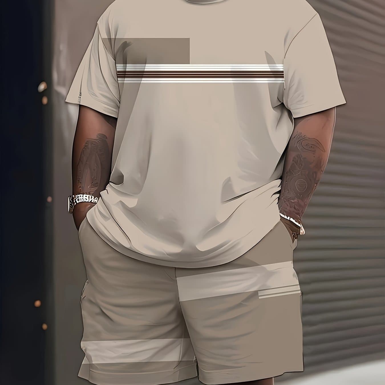 TEMU Men's Casual Two-piece T-shirt In A Large Size, Featuring Breathable Fabric And Trendy Striped Design, Perfect For Summer Outdoor Sports, Plus Size