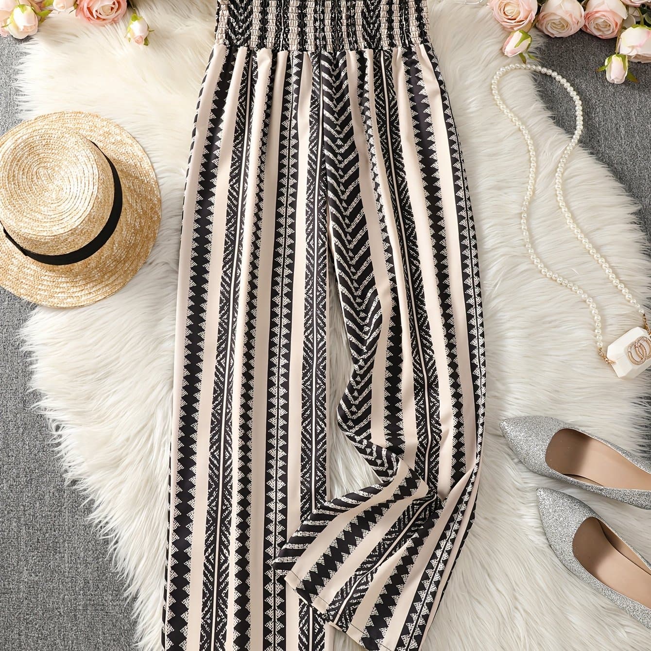 TEMU Wide-leg Trousers With Elastic Waist - Striped Maxi Pants Suitable For - Wear, Casual Outfits - Machine Washable Loose Fit Pants For Professional & Everyday Use
