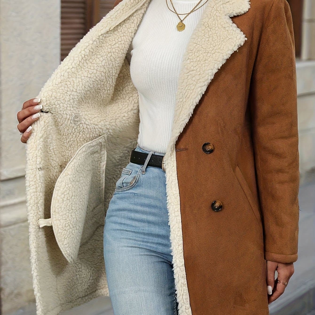 TEMU Sophisticated Long-sleeve Coat For Women - A Stylish Brown Double-breasted Jacket Featuring A Cozy Lining, Button Closure, And Flap Pockets, Perfect For And Winter