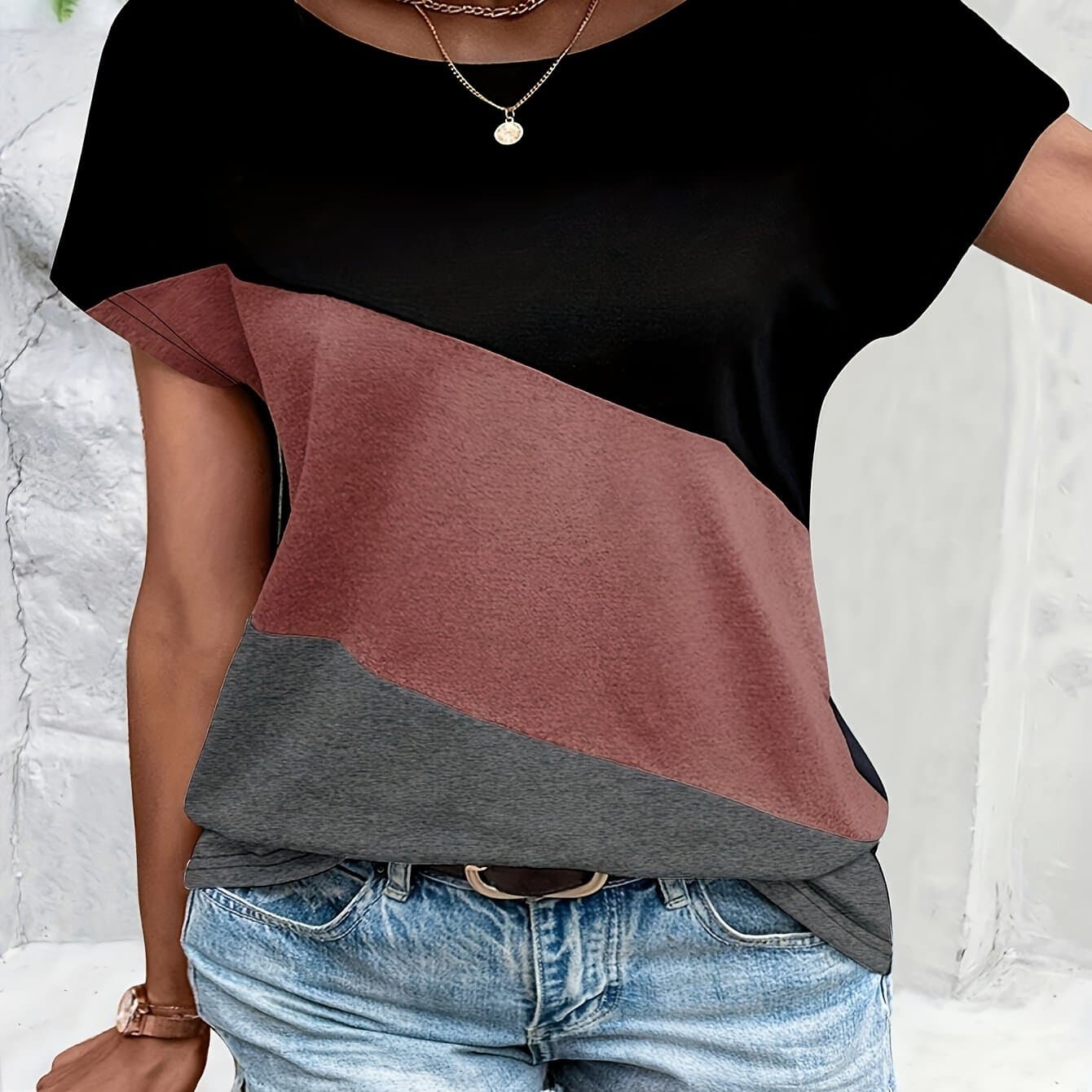 TEMU Color Block Crew Neck T-shirt, Casual Short Sleeve T-shirt For , Women's Clothing