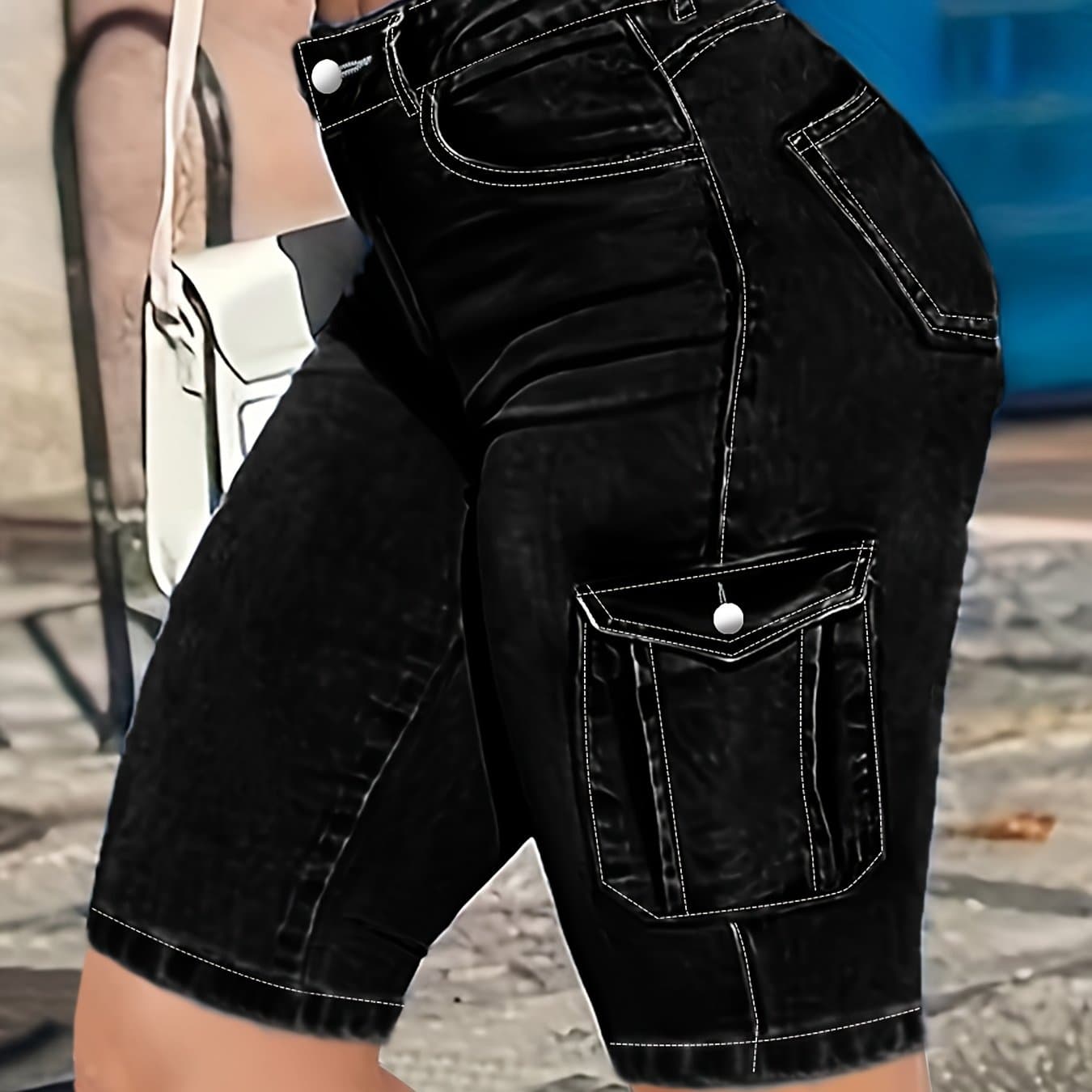 TEMU Women's High-waisted Cropped Denim Shorts - Black Multi-pocket Stretchy Mid-length Work Pants With Pockets, Button Closure & Machine Washable For Street Fashion & Summer Travel, Jean Shorts