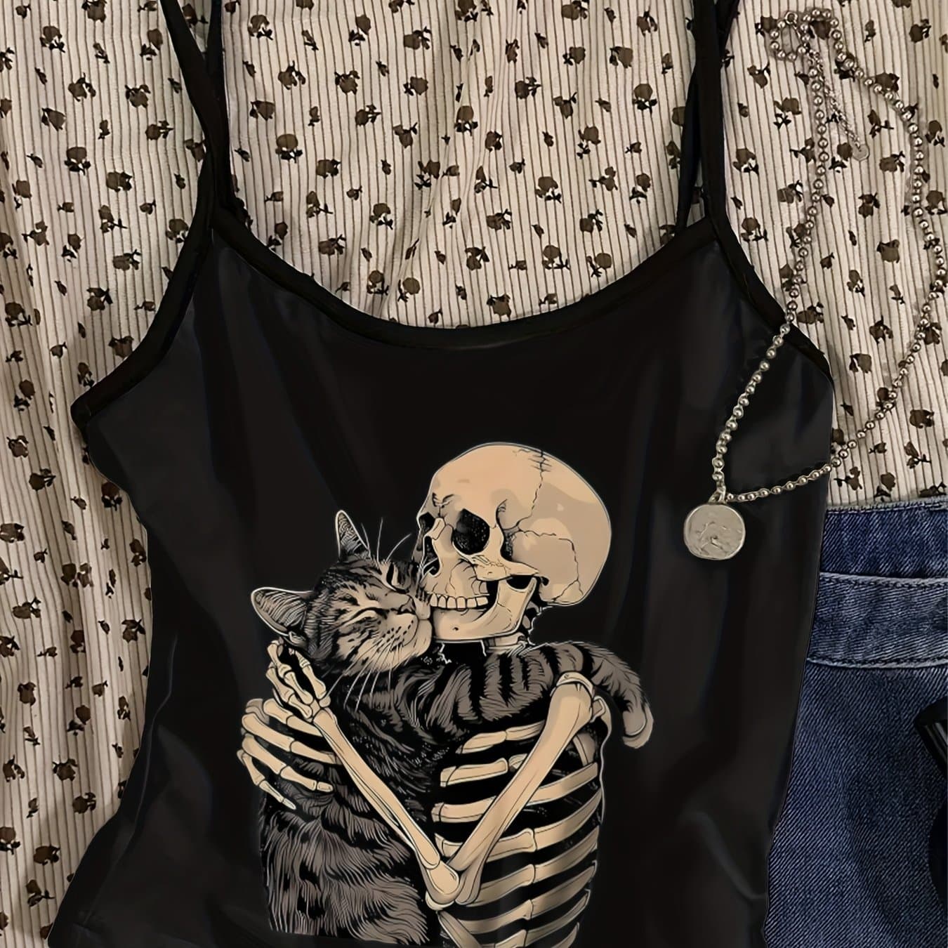 TEMU Casual And Simple Spaghetti Strap Tank Top With Skull, Cat, And Music Festival Prints, Perfect For Summer Vacations