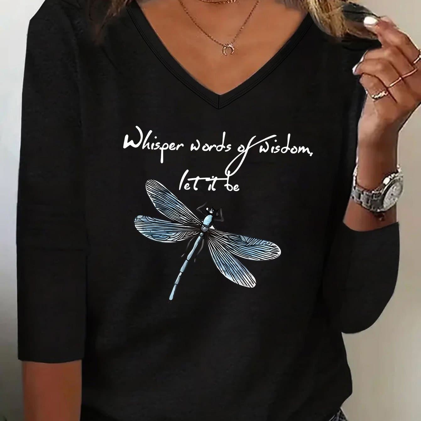 TEMU Women's Casual V-neck Long Sleeve T-shirt With Dragonfly Graphic And Inspirational Quote, Black Casual Tee For Spring/summer, Casual Wear Tee | Relaxed Fit Tee | Glossy Fabric, Ladies T Shirt