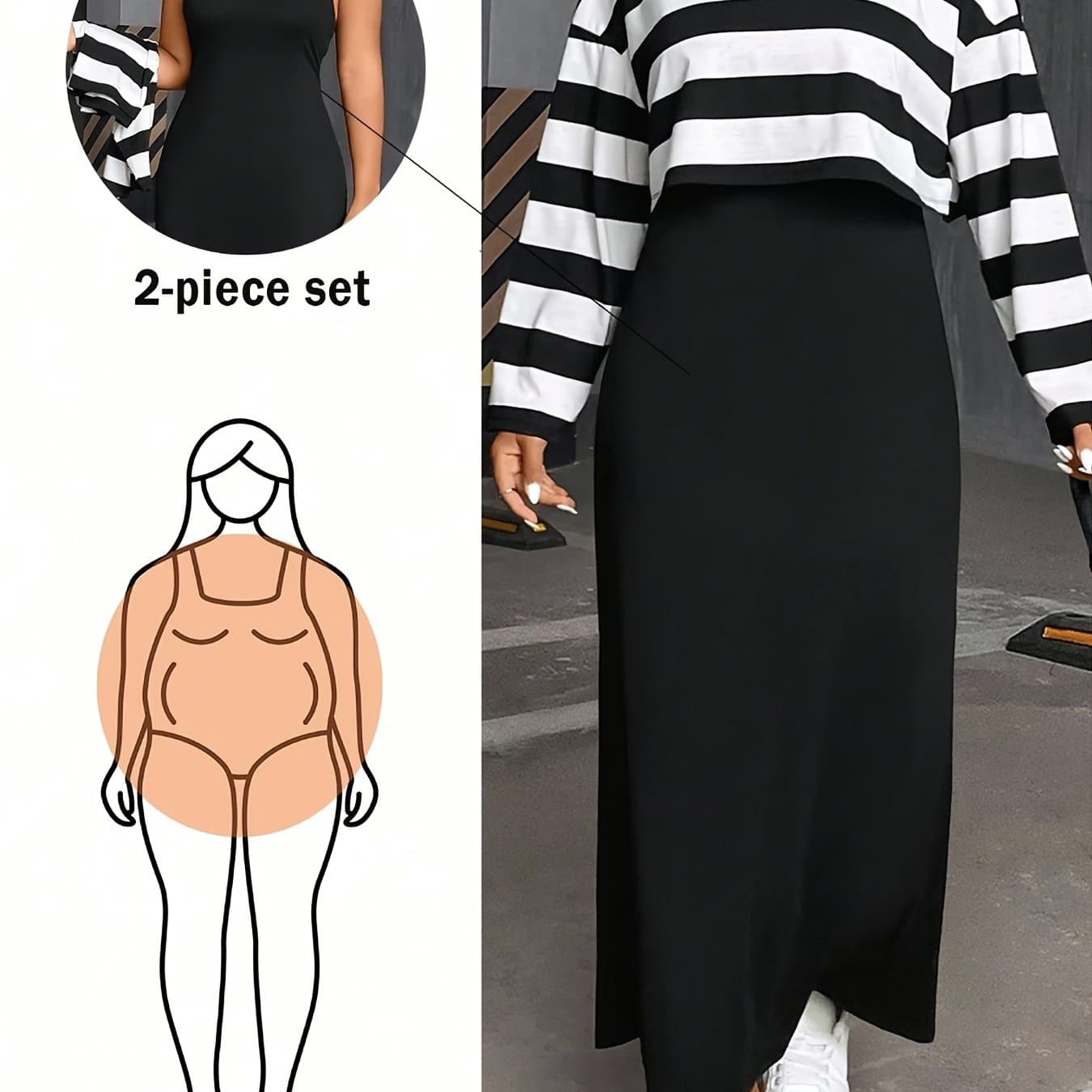 TEMU Plus Size - Plus Size - Plus Size Women's Fashion Casual Loose Striped Top And Solid Dress 2pcs Set - J1164