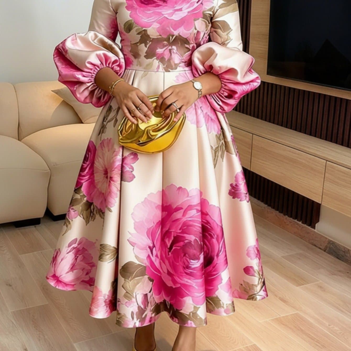 TEMU Plus Size, Plus-size Stand-collar Floral Print Puff-sleeve Maxi Dress: Stand-collar Design Adds , Floral Pattern , Puff Sleeves And Wide Skirt -size Figures, Ideal For Semi-formal And Elegant