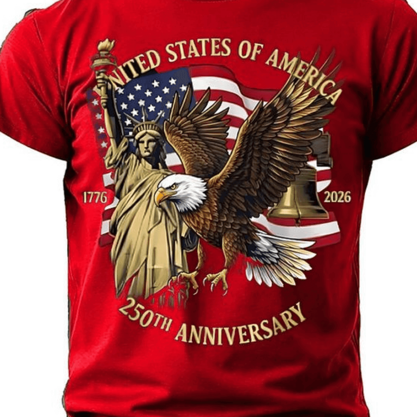 TEMU Large Round-neck Short-sleeved T-shirt, Large 250th Anniversary T-shirt, Featuring Flag, Eagle, And Statue Of Prints, Loose-fitting Top, Plus Size