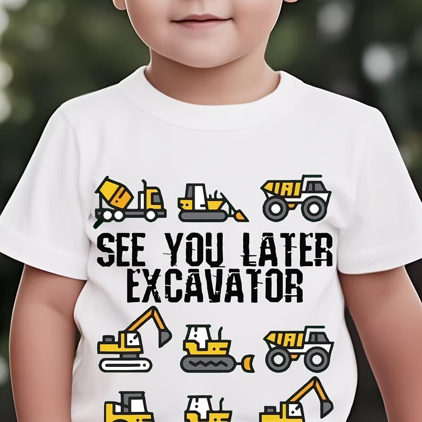 TEMU 2025 Trendy Cartoon "" Printed 100% T-shirt, Excavator Anime Casual Kawaii Round Neck Short Sleeve