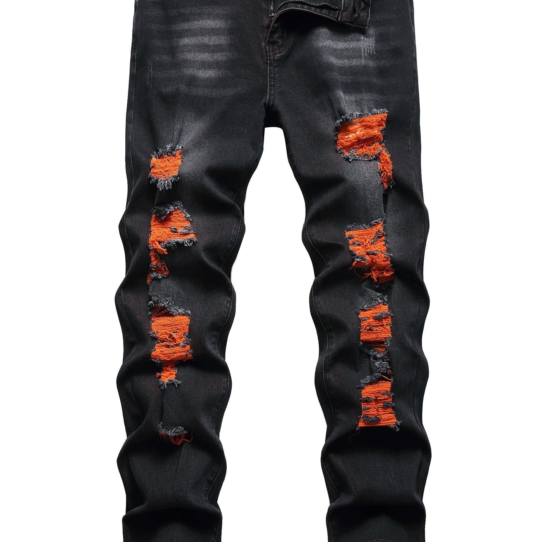 TEMU Men's Orange Ripped Stretch Skinny Fabric Color Wild Jeans