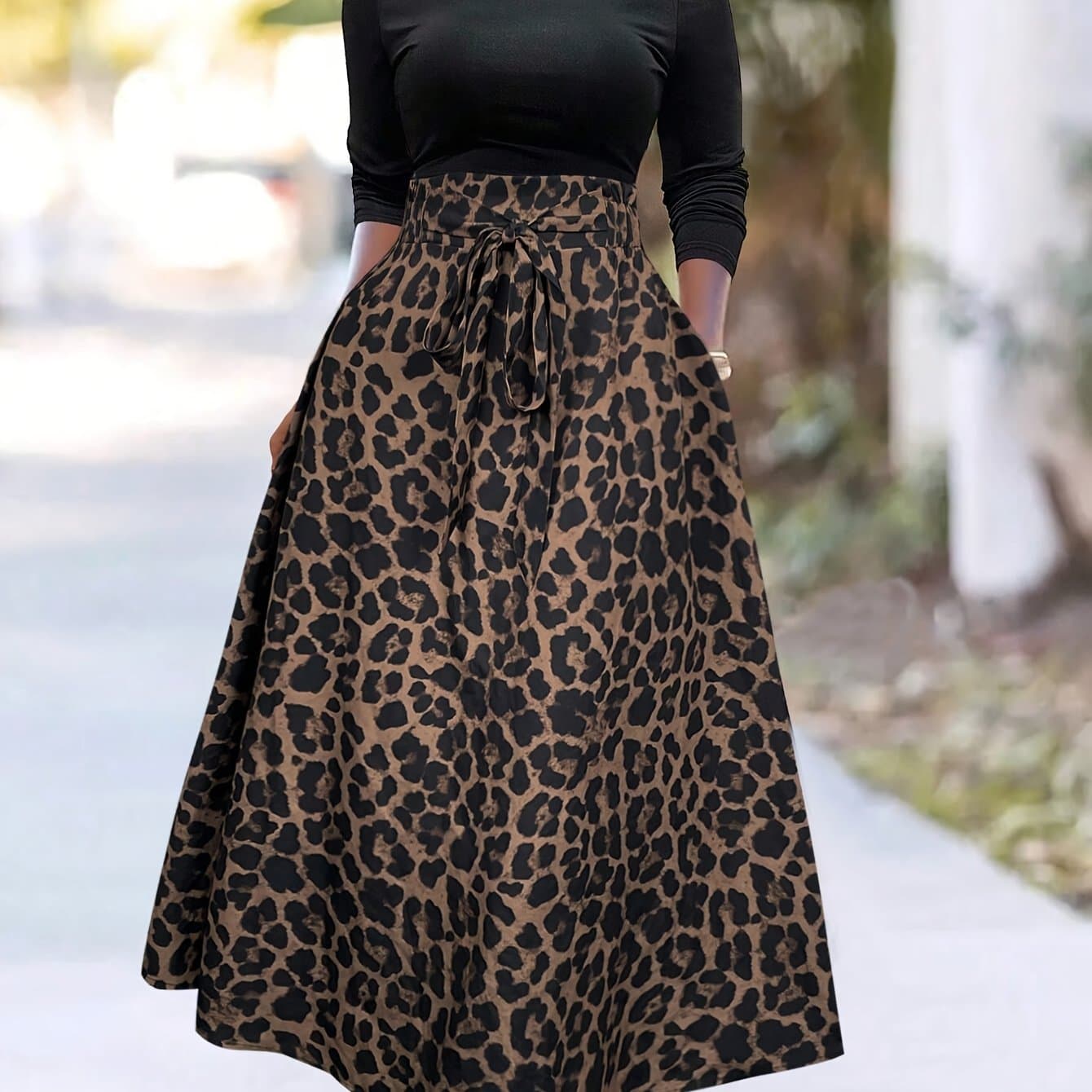 TEMU Hot Women's Trendy Leopard Waist-tie Bow Elegant Versatile Commuter Style A-line Skirt