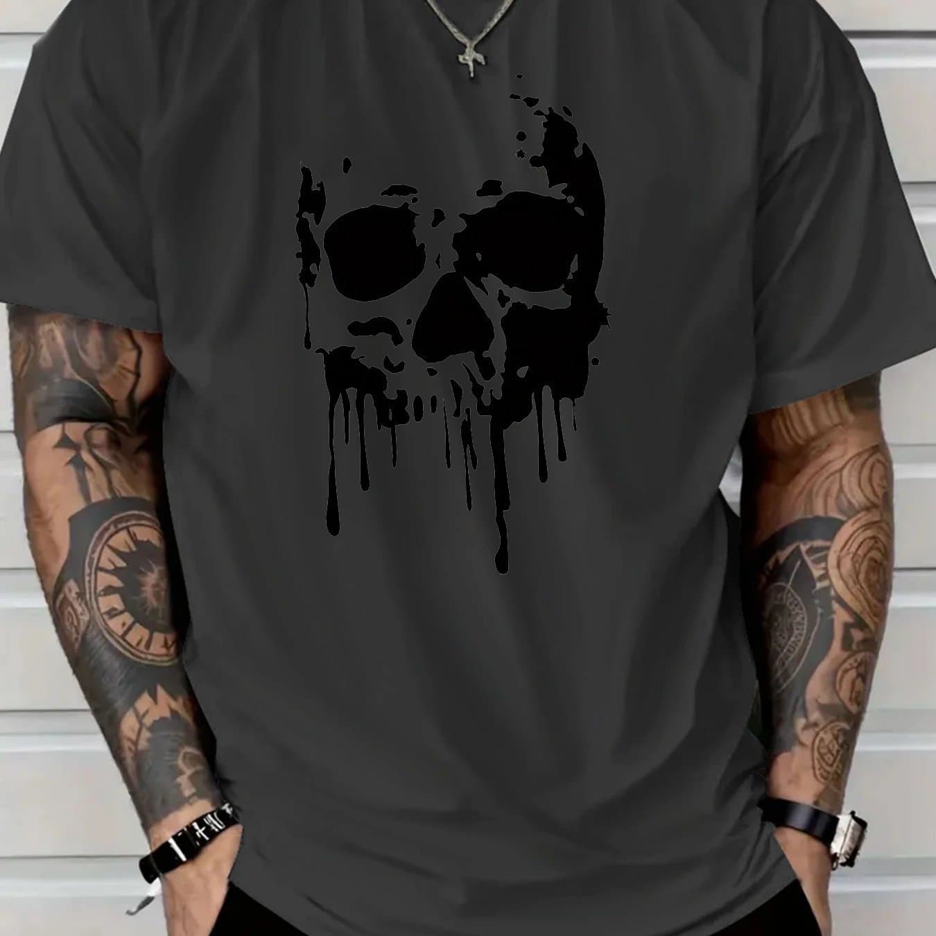 TEMU 2025 Men's Casual Cotton T-shirt With Black Skull Drip Graphic Print - Light Grey Regular Fit Short Sleeve Round Neck Tee For Daily Wear & Outdoor Activities, , Edgy Streetwear, Fabric