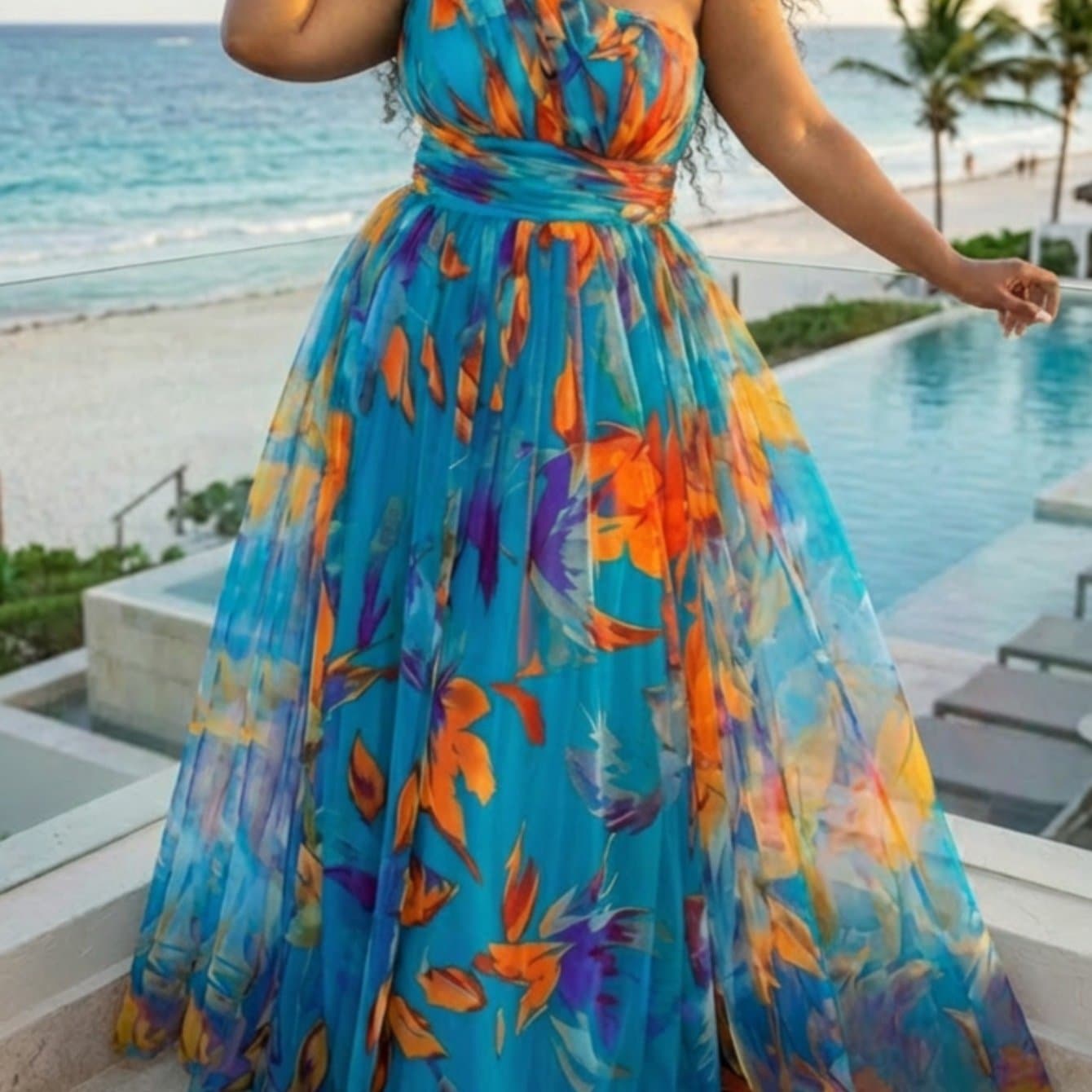 TEMU Plus Size, Plus Size Women's Vacation Asymmetrical Shoulder Floral Maxi Dress | Sheer Print Design Shows , Suitable For Pool Dinners, Luxury And Other Elegant Occasions With Exquisite Styling