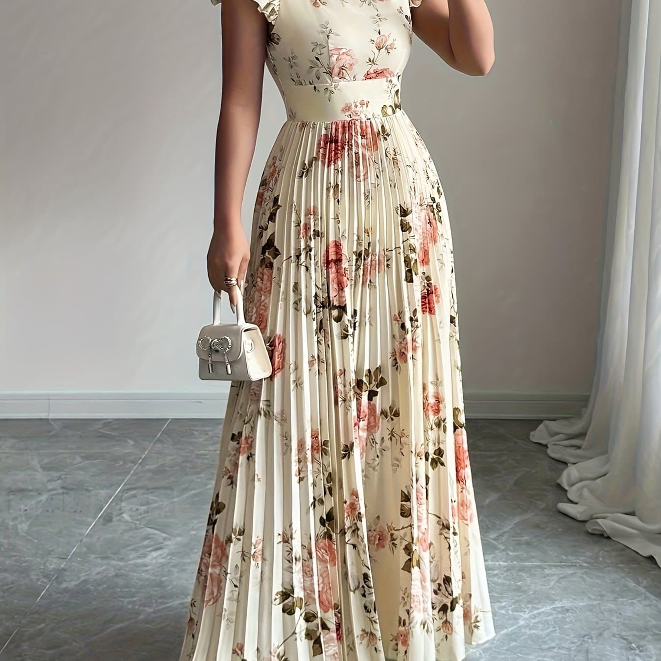 TEMU Women's Elegant Floral Print Pleated Hem Long Dress, Summer