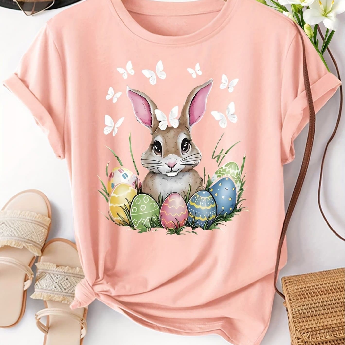TEMU Women's Easter Bunny Pattern T-shirt - Soft Pink Short Sleeve Tee With Cute Bunny And Egg Design, Casual , Spring Fashion | Vintage Graphic T-shirt | Glossy Texture