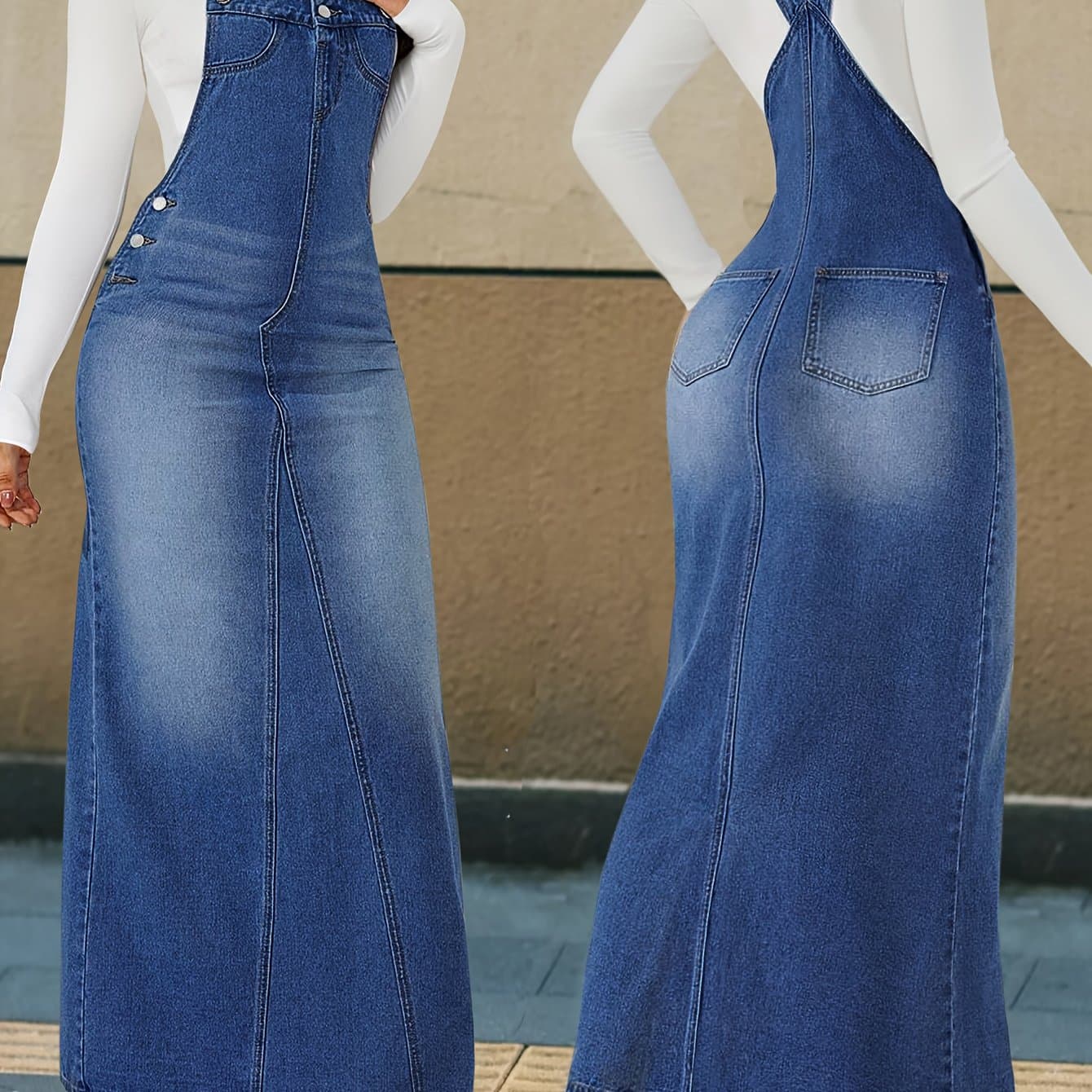 TEMU Women's Non-stretch Denim Dress - Loose Fit Long Skirt With Detachable Strap, Multiple Buttons For Easy Closure, Everyday To Formal Outfits - Outwear, Versatile Outfit Option, Durable Fabric