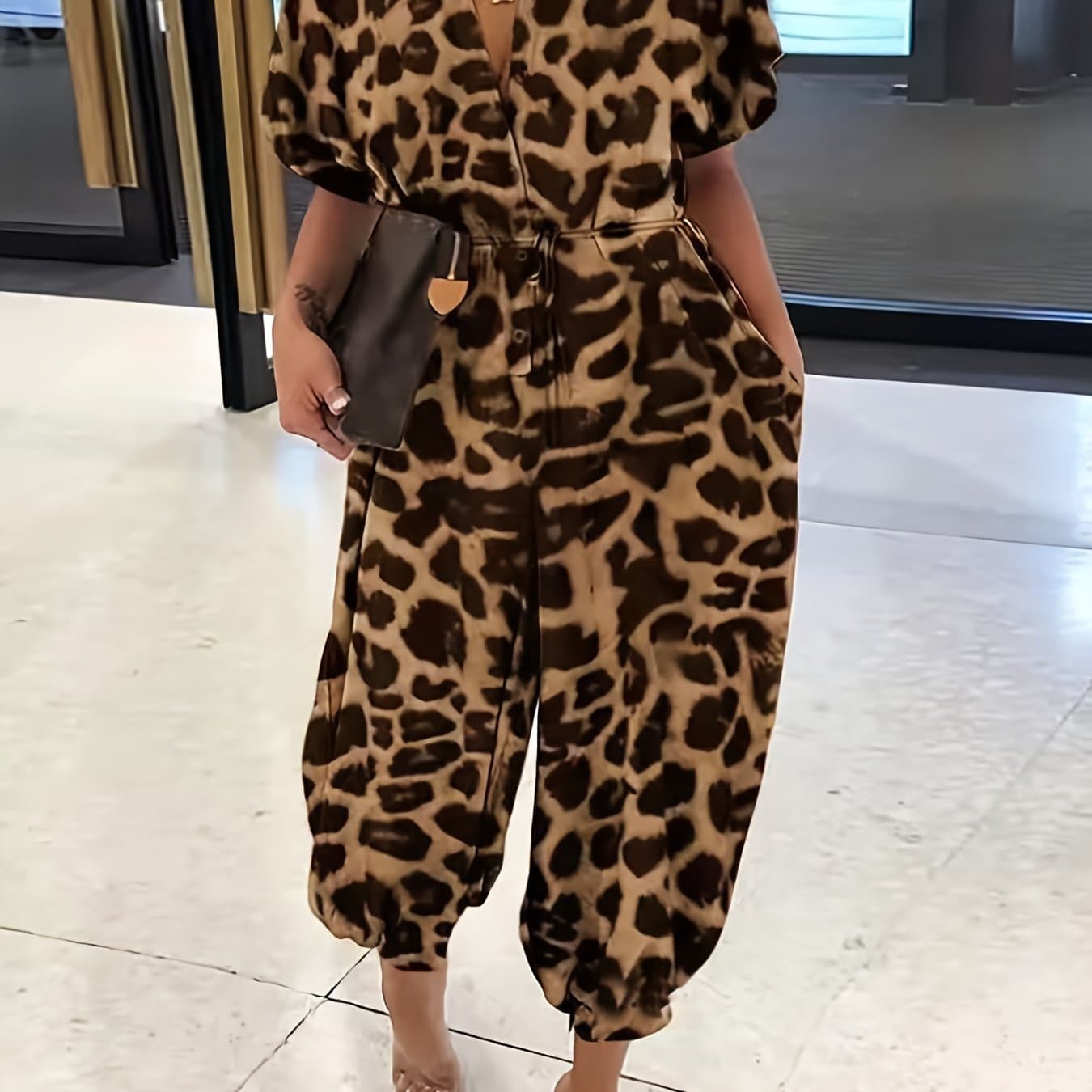 TEMU Women's Casual Leopard Print Jumpsuit With Pockets, Wide-leg Overalls For Stylish Looks, Featuring A Lapel Collar And A Self-tie Waist Belt