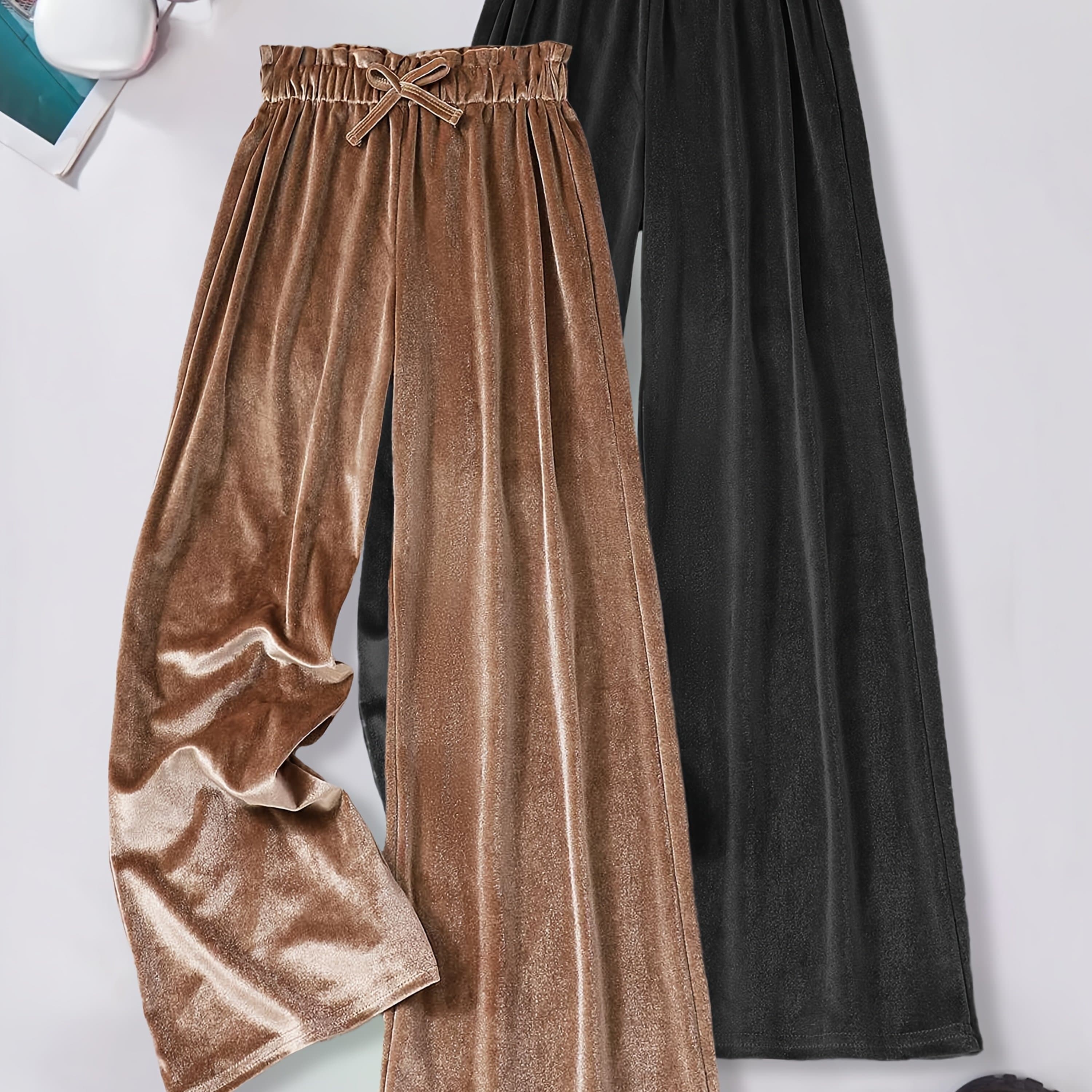 TEMU 2pcs Girls' Fashion Wide-leg Pants With Bow Elastic Waist, Comfortable Soft Trousers Suitable For Outdoor Wear, Perfect For Outdoor