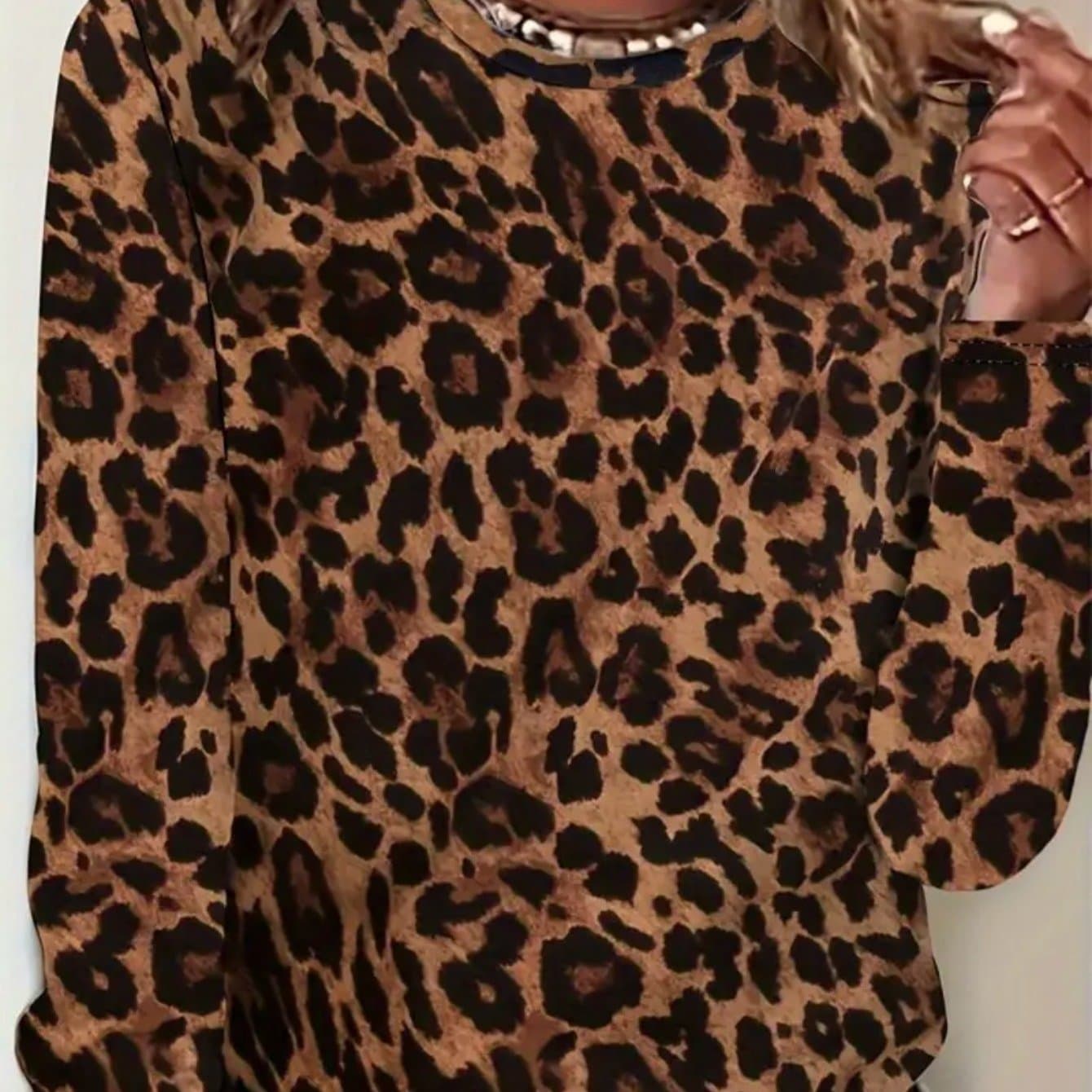 TEMU 3d Leopard Print Women's Slogan Print Long Sleeve Casual T-shirt - Soft Medium Stretch Fabric, Round Neck, Relaxed Fit, Comfortable Wear - Perfect For Daily Life, Work, Or Leisure
