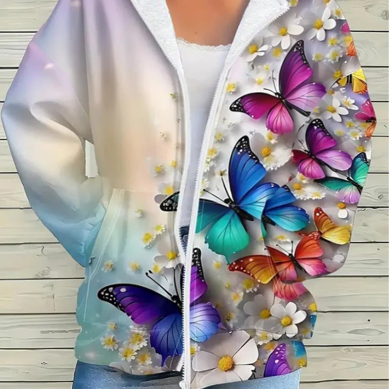 TEMU Women's & Floral Print Hooded Jacket With Full-zip Closure- Vibrant Multicolor & , Women's Warm Winter Jacket, Women's Long-sleeve Hoodie With Pockets, Women's Casual Vacation-style Jacket
