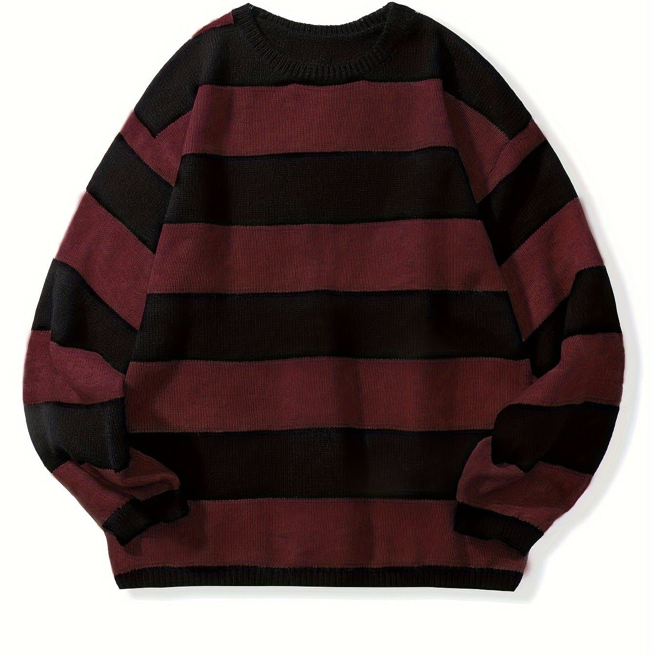 TEMU Men's Casual Fashion Striped Pullover Sweater, Spring/autumn Thin Polyester Knit, Round Neck, Stretchy Fabric, Regular Fit