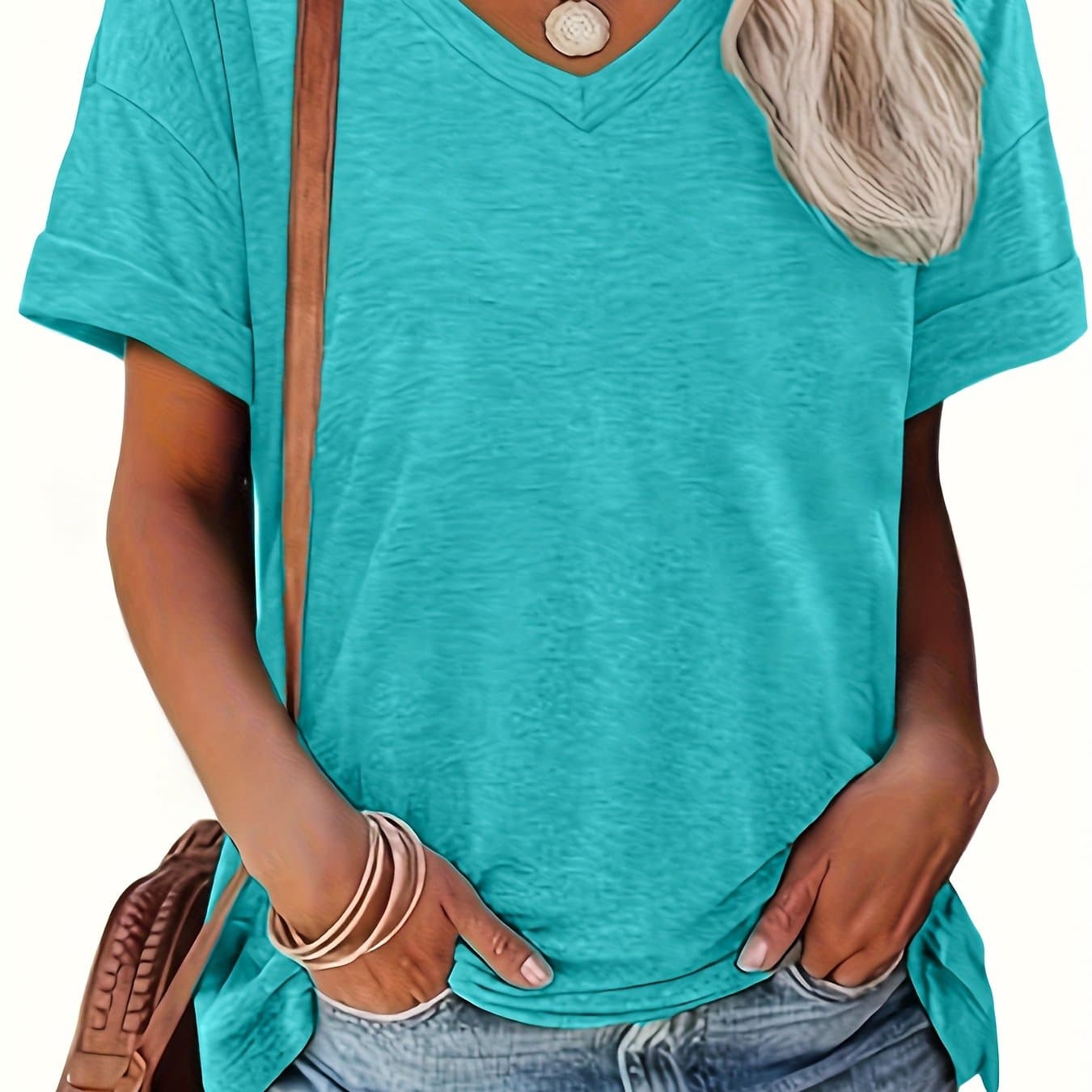 TEMU Plus Size - Plus Size - Women's Fashion Spring Summer New Women's Clothing, V-neck Solid Color No Print Short Sleeve Casual Loose Top Base Short Sleeve T-shirt