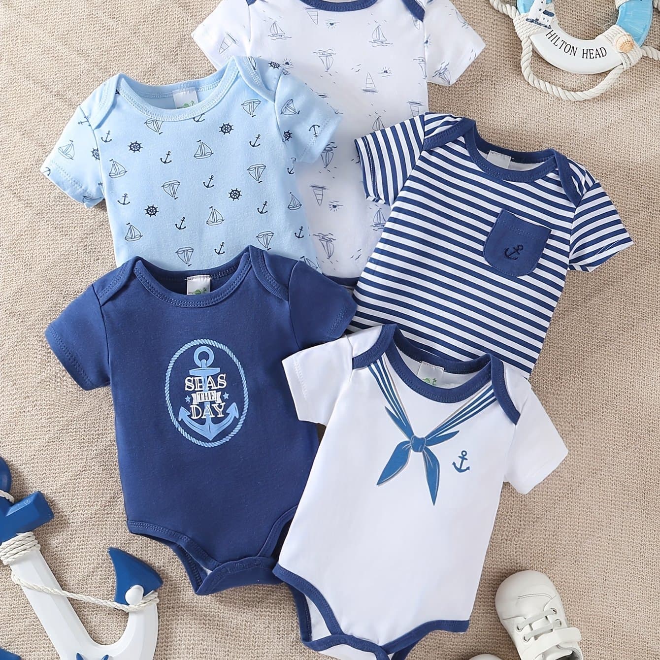 TEMU 5pcs Set Of Baby Boys' Short Sleeved Cartoon Jumpsuit, Ha Yi, Baby Boys' Anchor Casual Crawling Suit, For Outdoor
