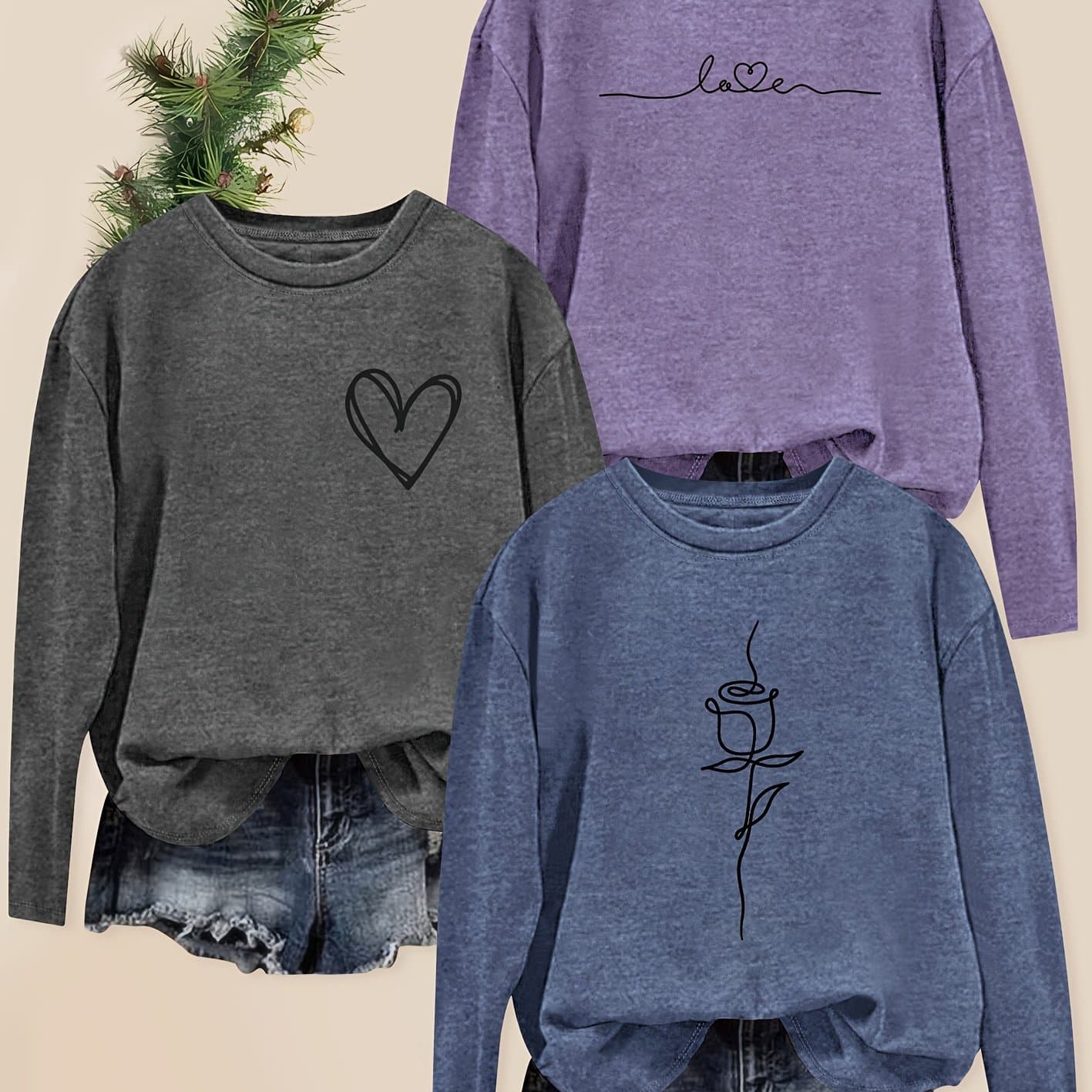 TEMU 3pcs Women's Vintage-inspired Long Sleeve T-shirts With Heart & Rose Print - Round Neck Tops For Spring Summer Fall, Casual & Formal Wear, Ladies T Shirts