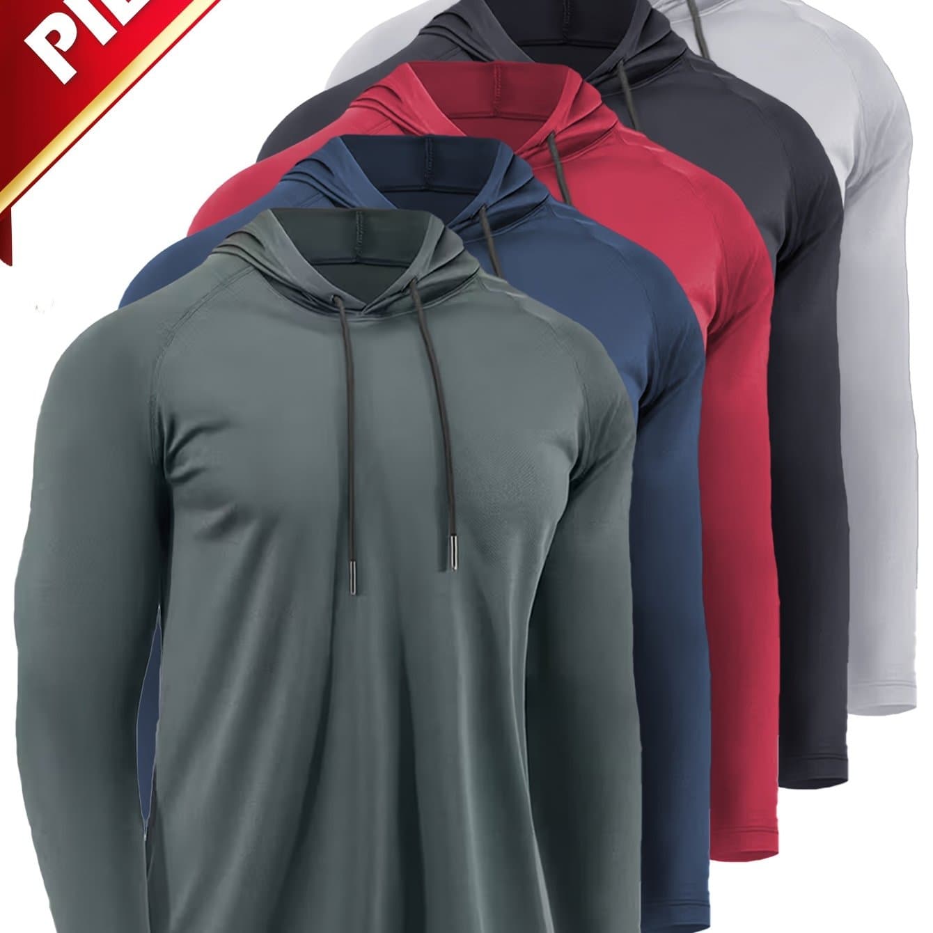 TEMU Men's 5pcs Collection: Autumn/winter Athletic Hooded Quick-dry Fitness Shirt - Fitted Long Sleeve For Running And Training