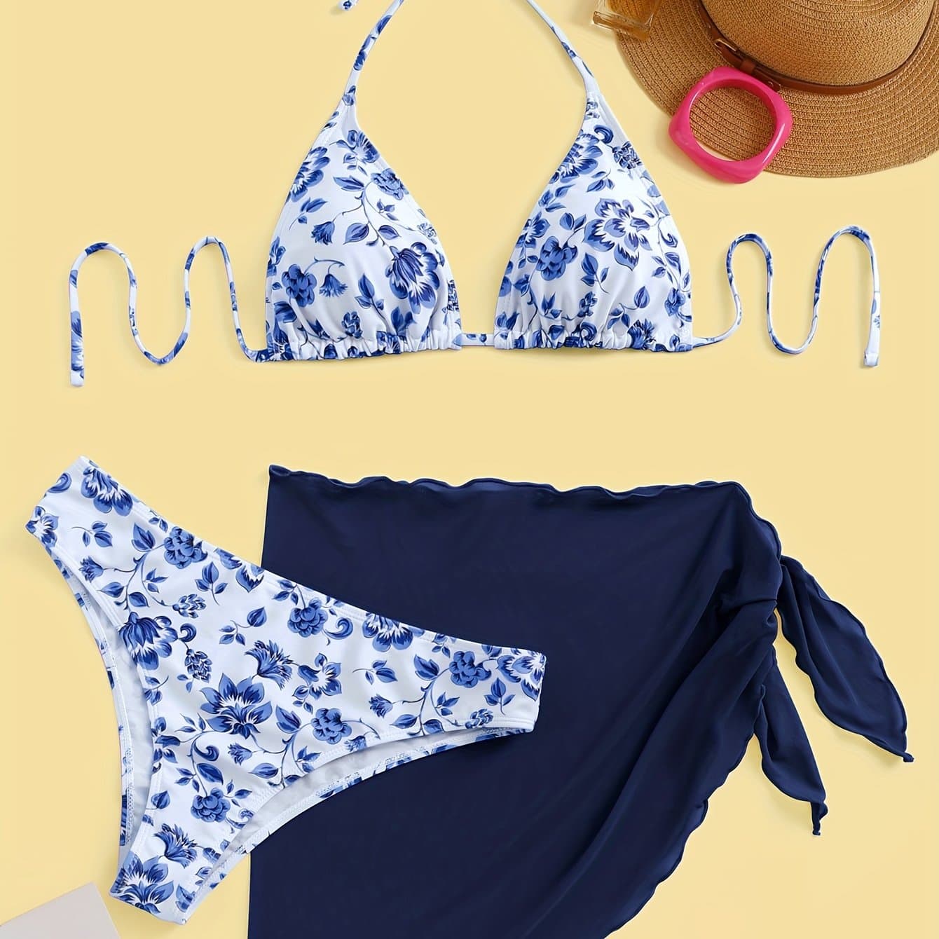TEMU 1set Women's Floral Print Bikini Set With Mesh Skirt - High Polyester Fabric, Halter Neck, Sleeveless, Casual Knit Beachwear