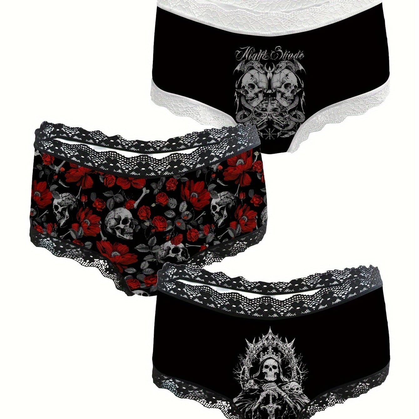 TEMU Skull Print Women's Lace Panties 3pcs Set