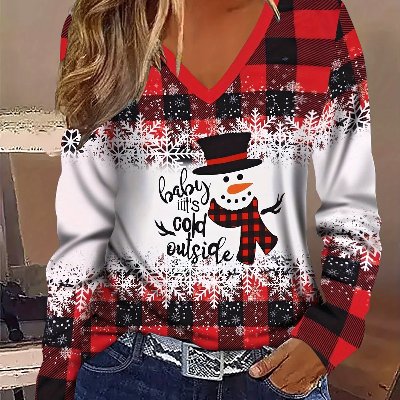 TEMU Christmas Snowflake Letter Slogan Santa Claus Graphic All Breathable Print V-neck Short-sleeved T-shirt Casual Shirt New Women's Long-sleeved Holiday Gift Top