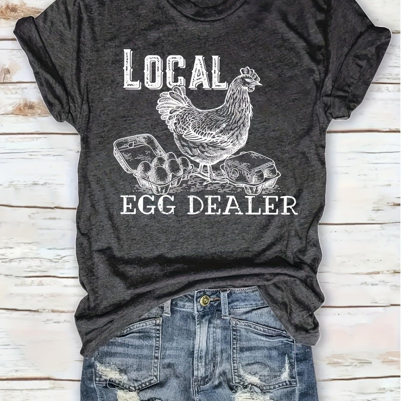 TEMU Local Egg Dealer - Hen - Printed Crew Neck T-shirt - Casual Fun - Casual Attire - Soft And Comfortable - Women's