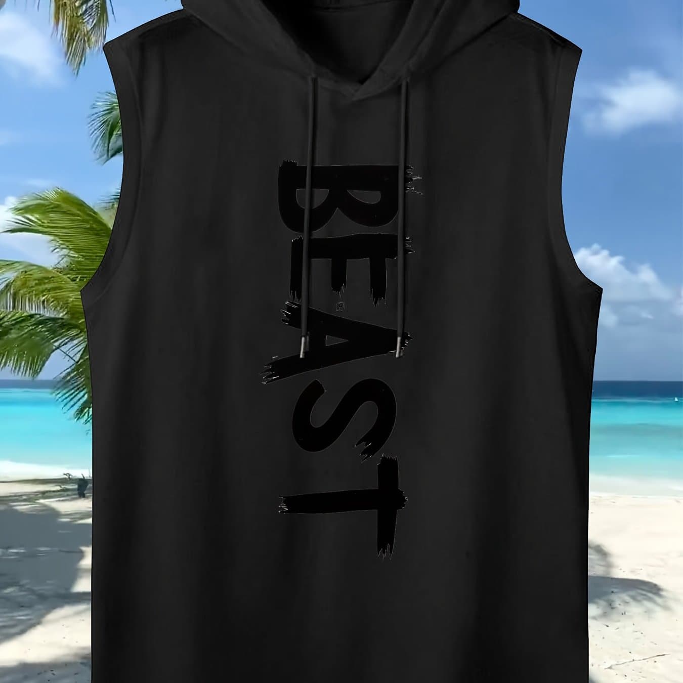 TEMU Plus Size Men's Hooded Tank Top Summer, Print Design, Sleeveless, Hooded, Gym, Casual, Fashionable, Breathable, Polyester Fabric, Workout Apparel
