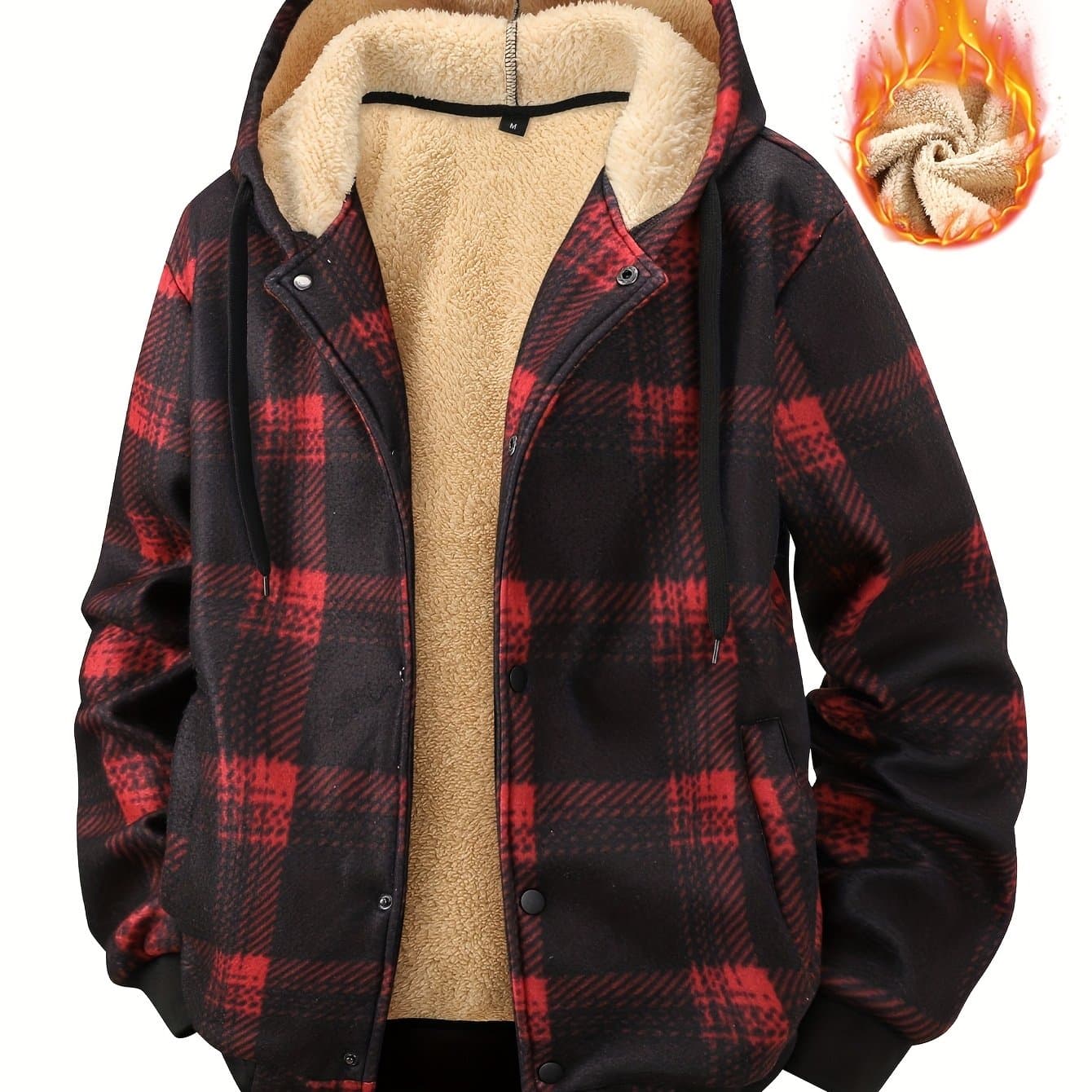 TEMU Men's Check -like Jacket With Hood - Thick Winter , Single-breasted Button Closure & Chest Pocket, Casual Collar Coat For & Young Men (machine Washable, Pattern) - Outdoor & Daily Wear
