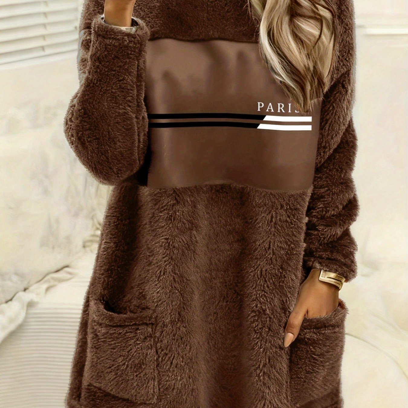 TEMU Round Neck Pocket Casual Pattern Printed Warm Long-sleeve Double-faced Plush Extended Hoodie, Autumn And Winter Women's Clothing, Multiple Colors Available.