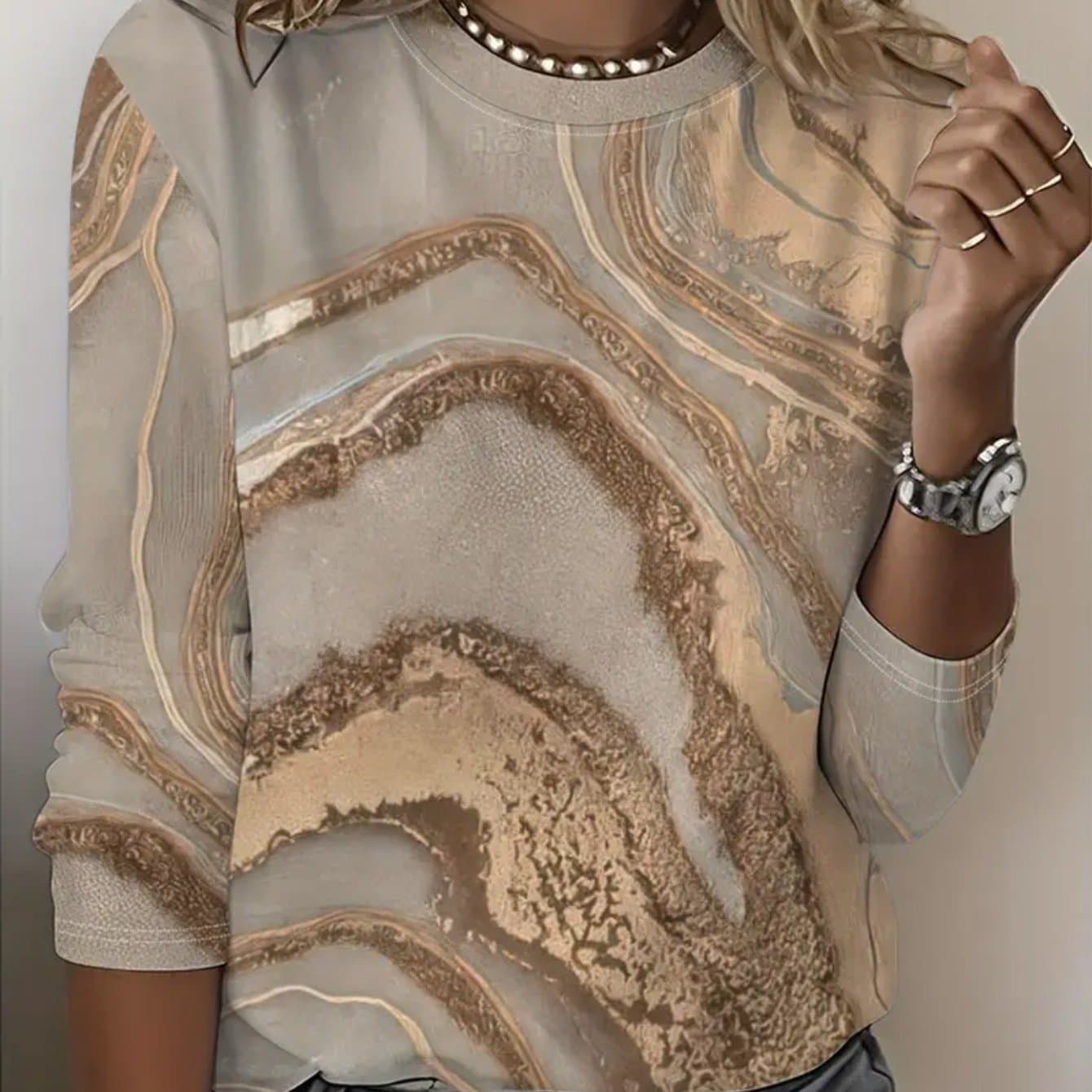 TEMU Ladies' 3d Beige And Brown Marble Design T-shirt - Comfortable Long Sleeve Crew Neck Casual Top For Autumn And Spring Wardrobe (machine Washable) - Themed Event Clothing, Seasonal Style