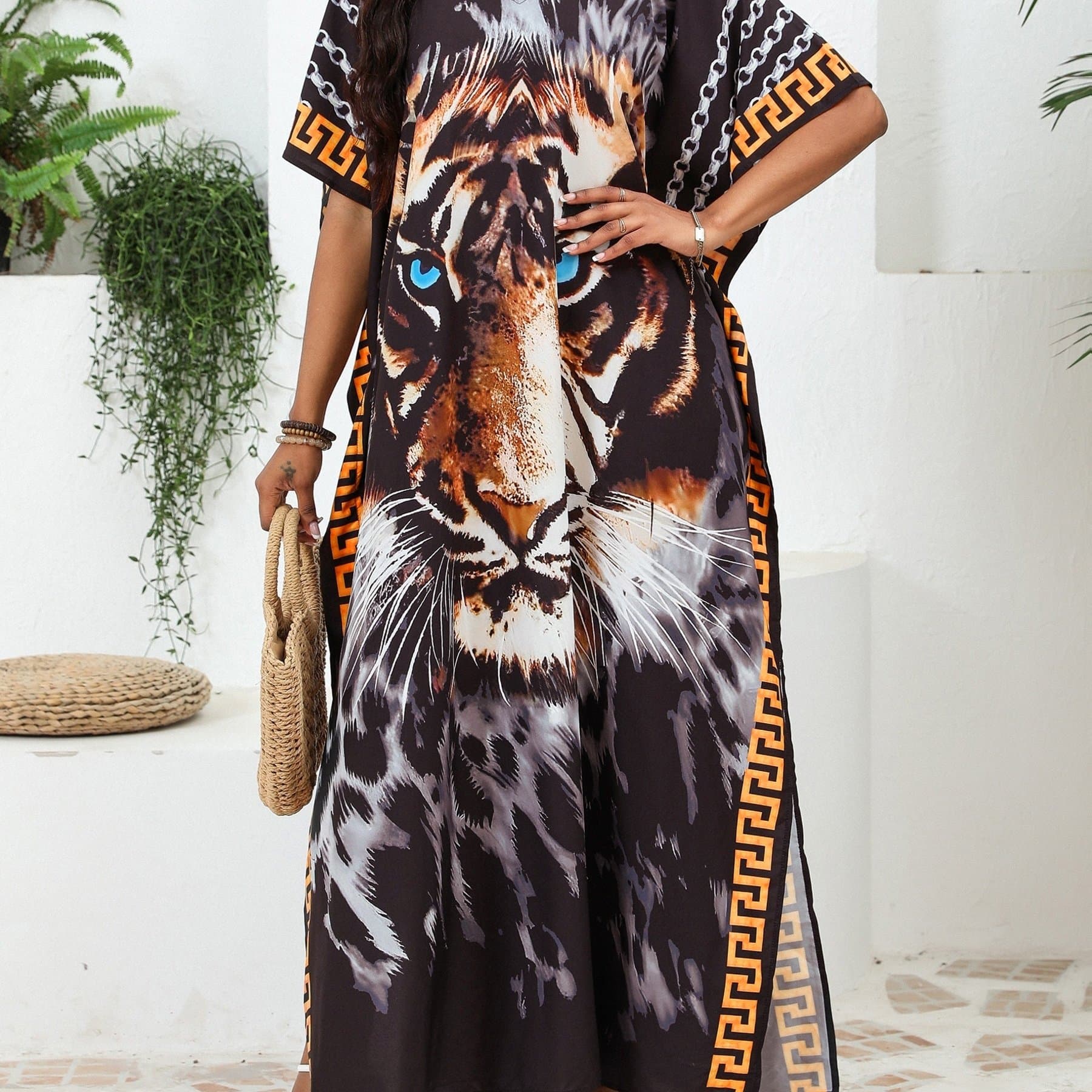 TEMU Plus Size Women's V-neck Loose Printed Long Dress With Short Sleeves And A Slit, Bohemian Vacation Robe