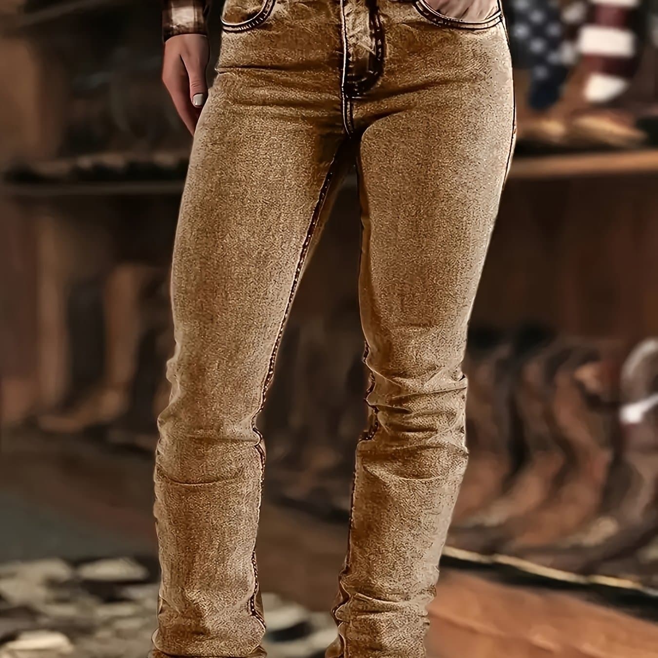 TEMU Hme Retro Mid-rise Stretch Straight Women's Jeans - Tight Olive Brown Jeans With Abdominal Control Feature And