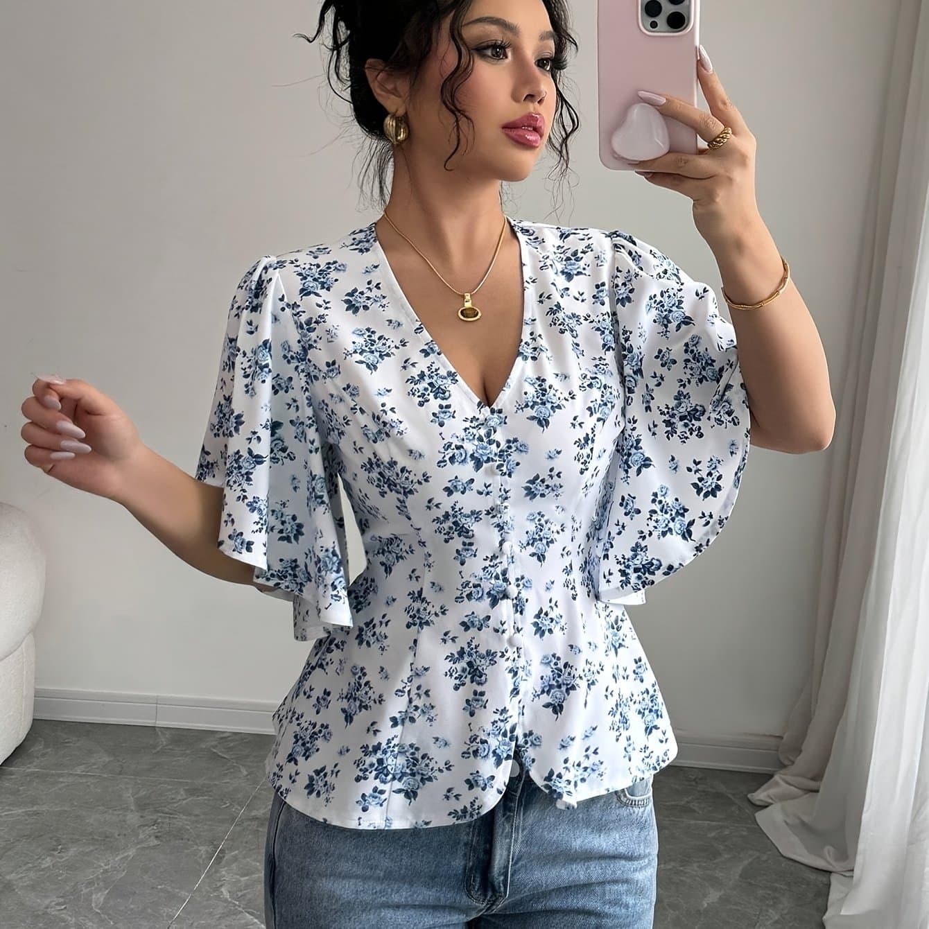 TEMU Women's French- Casual Commuter Vacation Afternoon Tea Floral Pattern V-neck Waist Gathered Sleeve Blouse