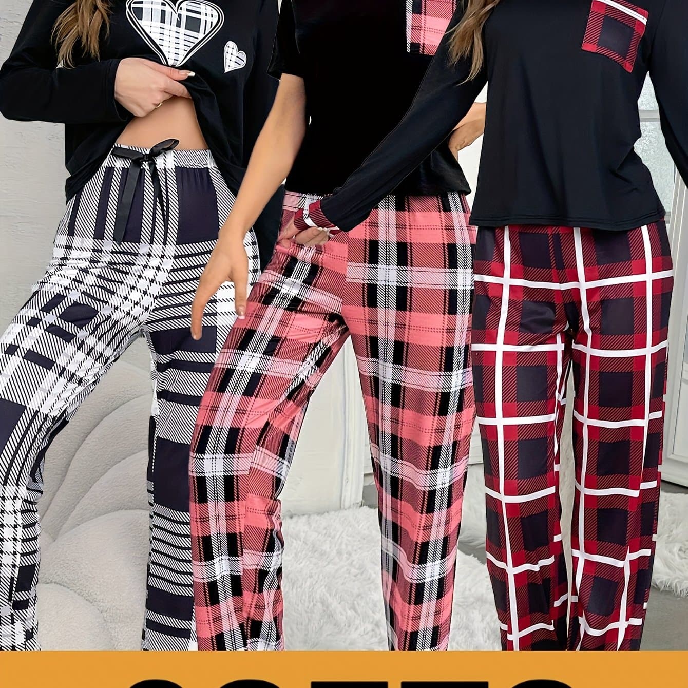 TEMU A Six-piece Set Of New Casual For Women With Heart-shaped Printed Pockets, Long-sleeved And Short-sleeved Tops, Checked Trousers And Pajama Sets