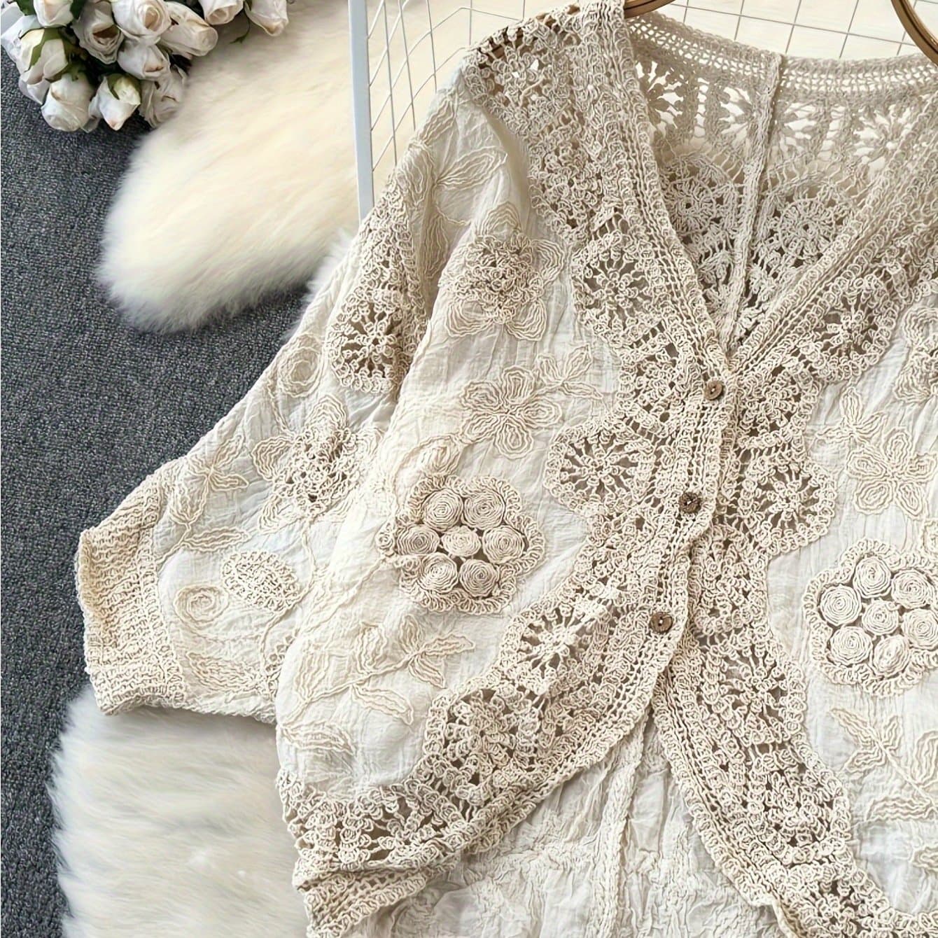TEMU Women's Retro Korean Style V-neck Lace Cardigan - Hollow-out Detail, Loose Fit Lightweight Jacket For Spring Summer Fall, Solid Color Versatile Layering Top