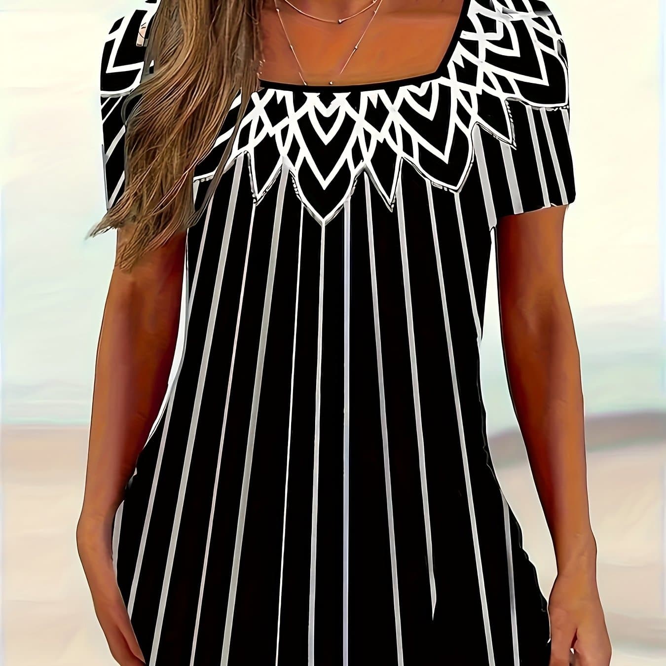 TEMU New Summer Printed Striped Short-sleeved Square Collar Casual T-shirt
