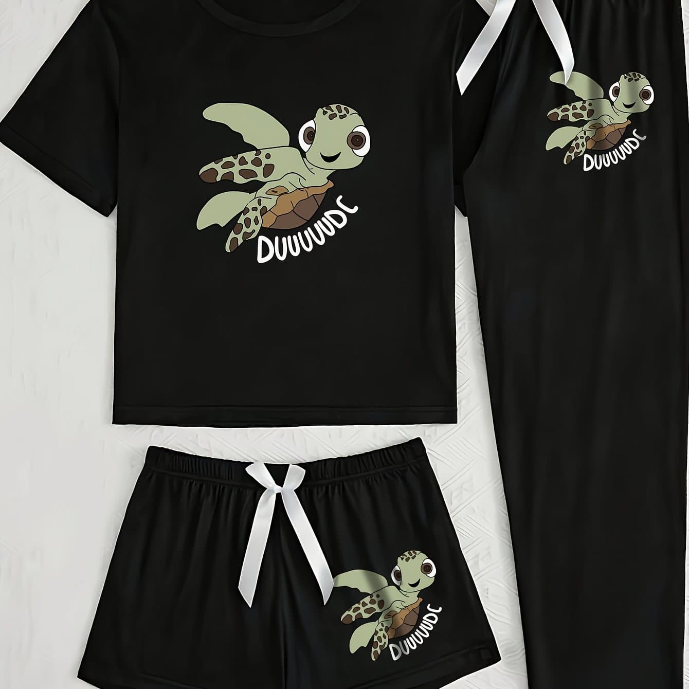 TEMU Women's 3pcs Pajama Set - Cute Sea Turtle & -inspired Pajamas (sleepwear) With Shorts, T-shirt & Pants - Soft Comforter-free Bedding Outfit For S, -like Sleepwear (machine Washable)