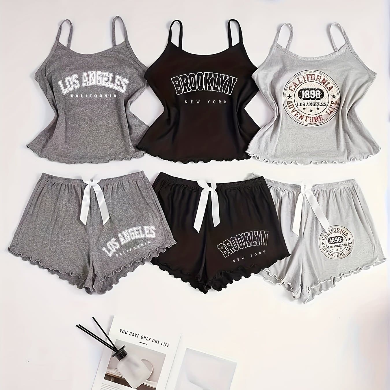 TEMU 6pcs Women's Pajama Set | Casual Spaghetti Strap Tank Top And Shorts With Alphabet Print And Bow Details