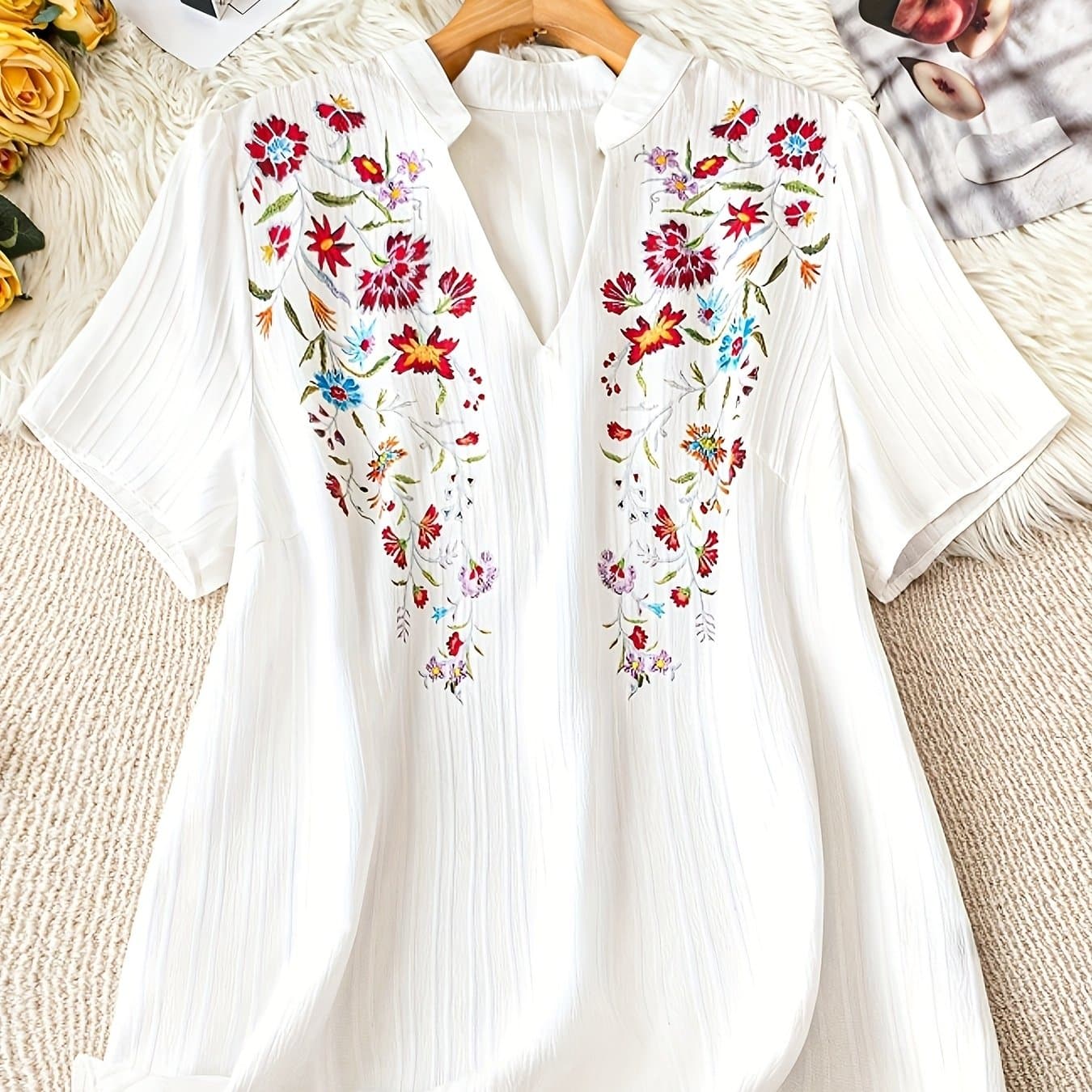 TEMU Plus Size - Wave Striped Floral Print Short Sleeve