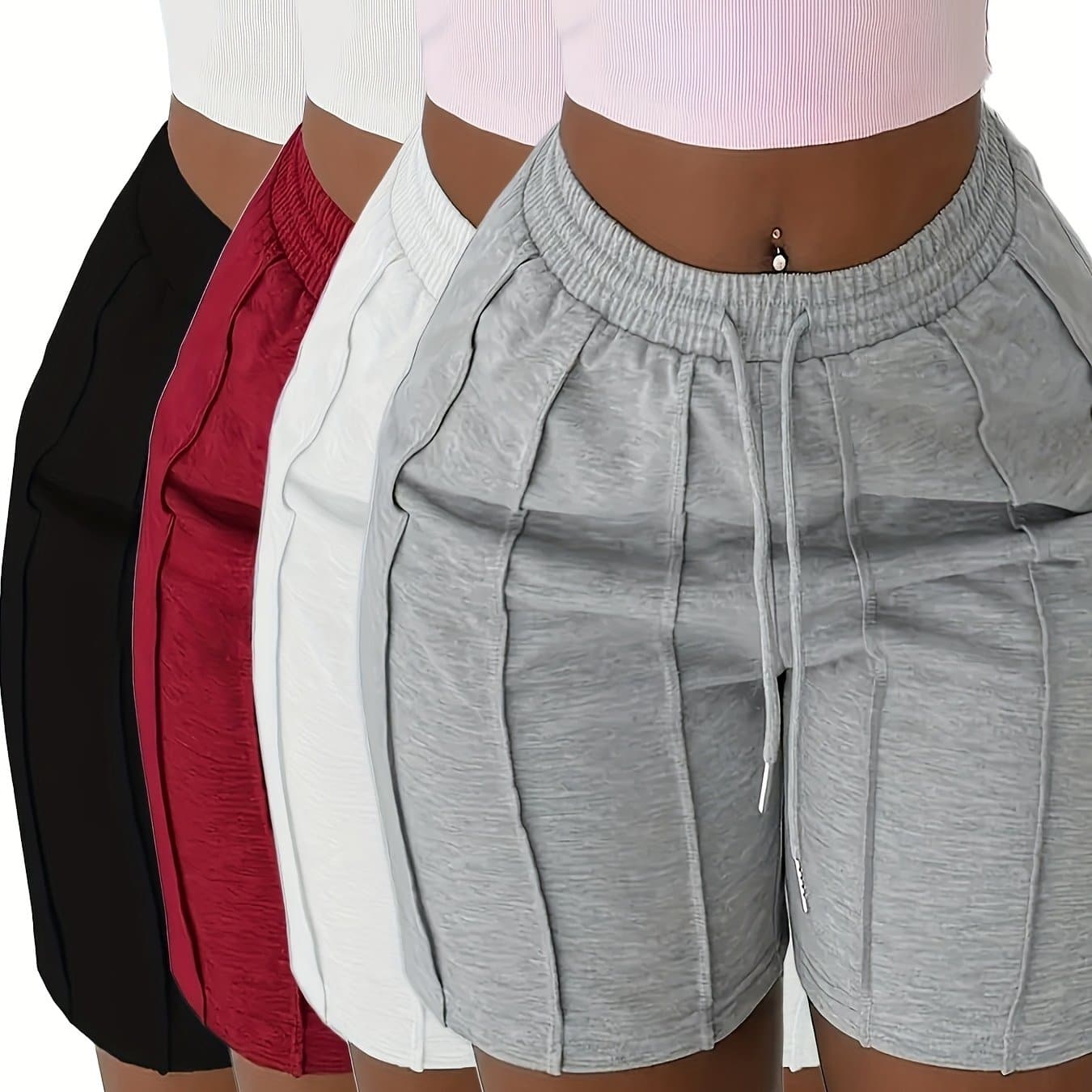 TEMU Plus Size, Plus Size Women 4pcs Solid Drawstring Shorts, High Waist Stretchy Elastic Casual Shorts, Adjustable Waist Summer Wear