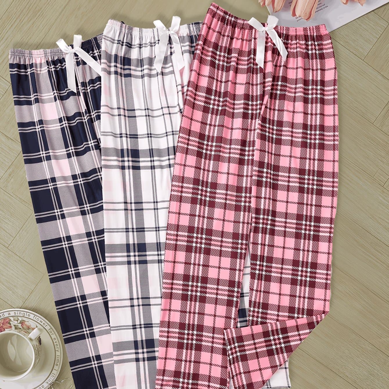 TEMU 3-piece Women's Plaid Pants Set, Suitable For All , Casual