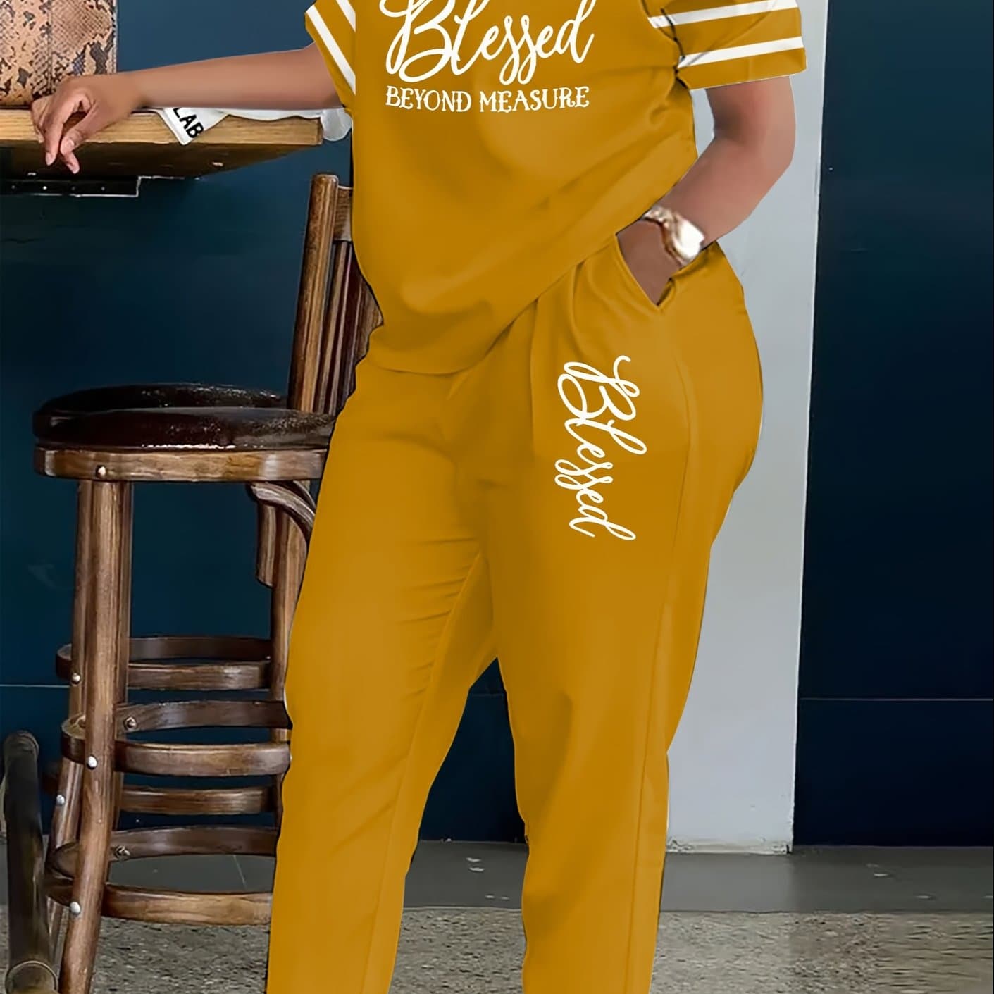 TEMU Plus Size, Ladies Plus Size 2pcs Suit, Letter Printing With , Pinstripe Coat, Trousers With Pockets, Ladies' Daily Casual Fashion Suit.